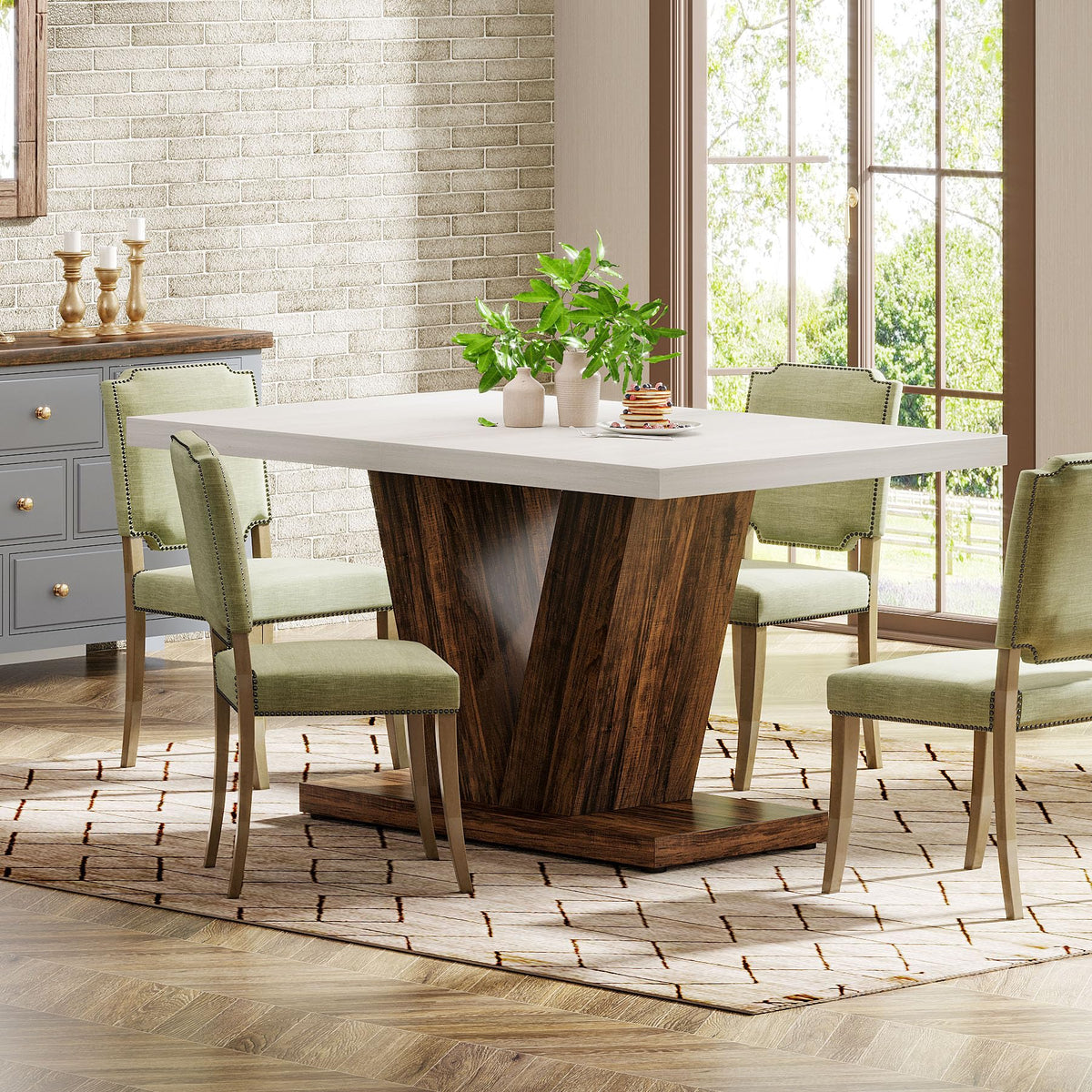 White & Brown Pedestal Dining Table