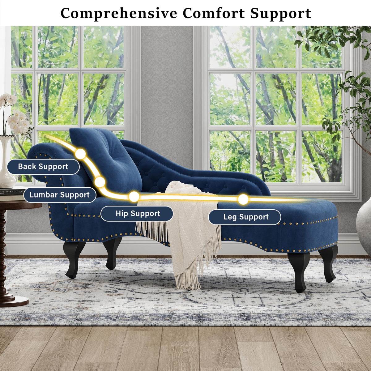 Christopher Knight Home Molan Velvet Upholstered Chaise Lounge Chair Indoor, Wooden Chaise Lounge Sofa with Scrolled Backrest, Living Room Lounge Chair with Left Armrest+Accent Pillow, Navy Blue