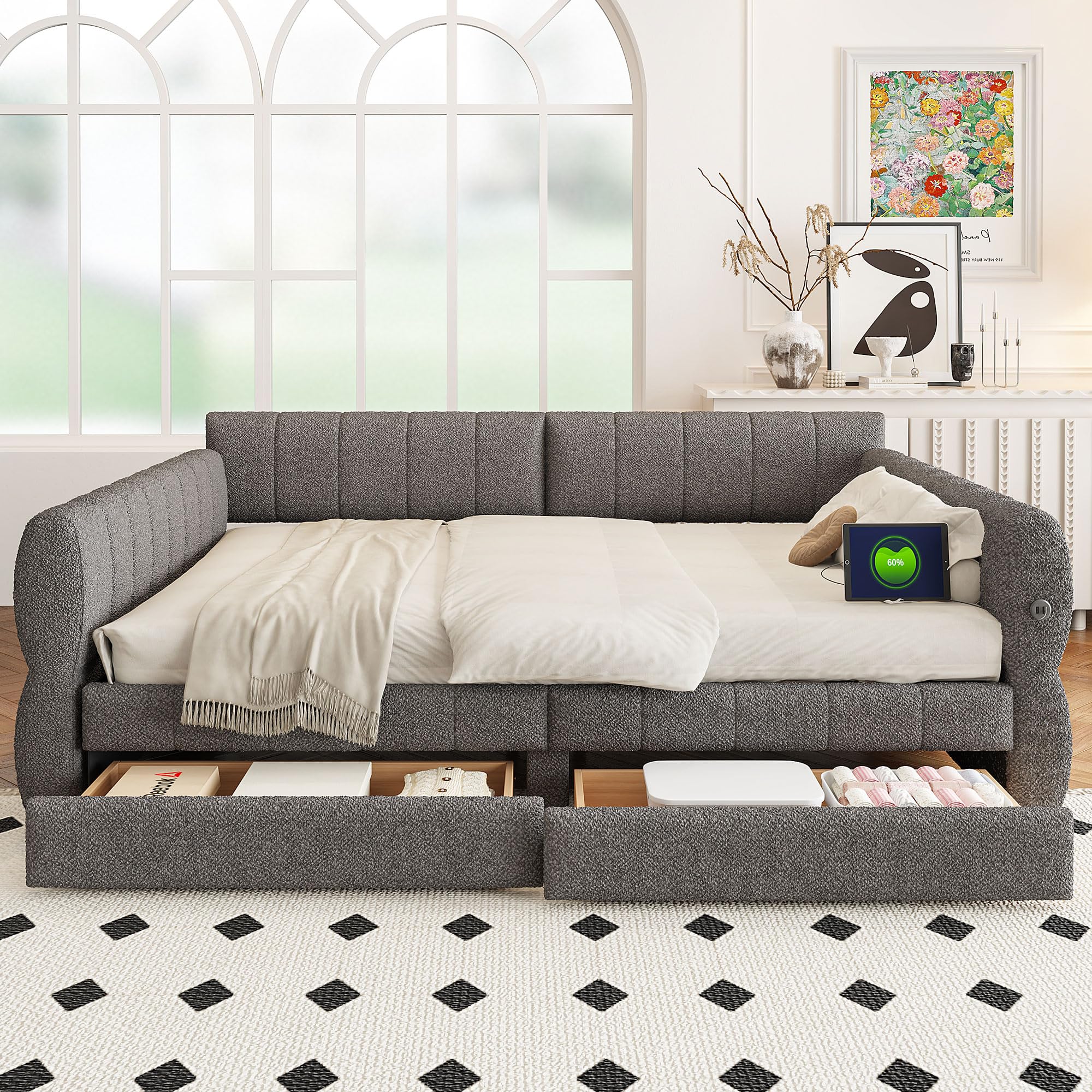 GDFStudio Queen Size Upholstered Platform Bed Frame with USB Ports & 2 Storage Drawers, Modern Sherpa Fabric Daybed Frame with Armrests, and Wooden Slats, No Box Spring Required, Gray