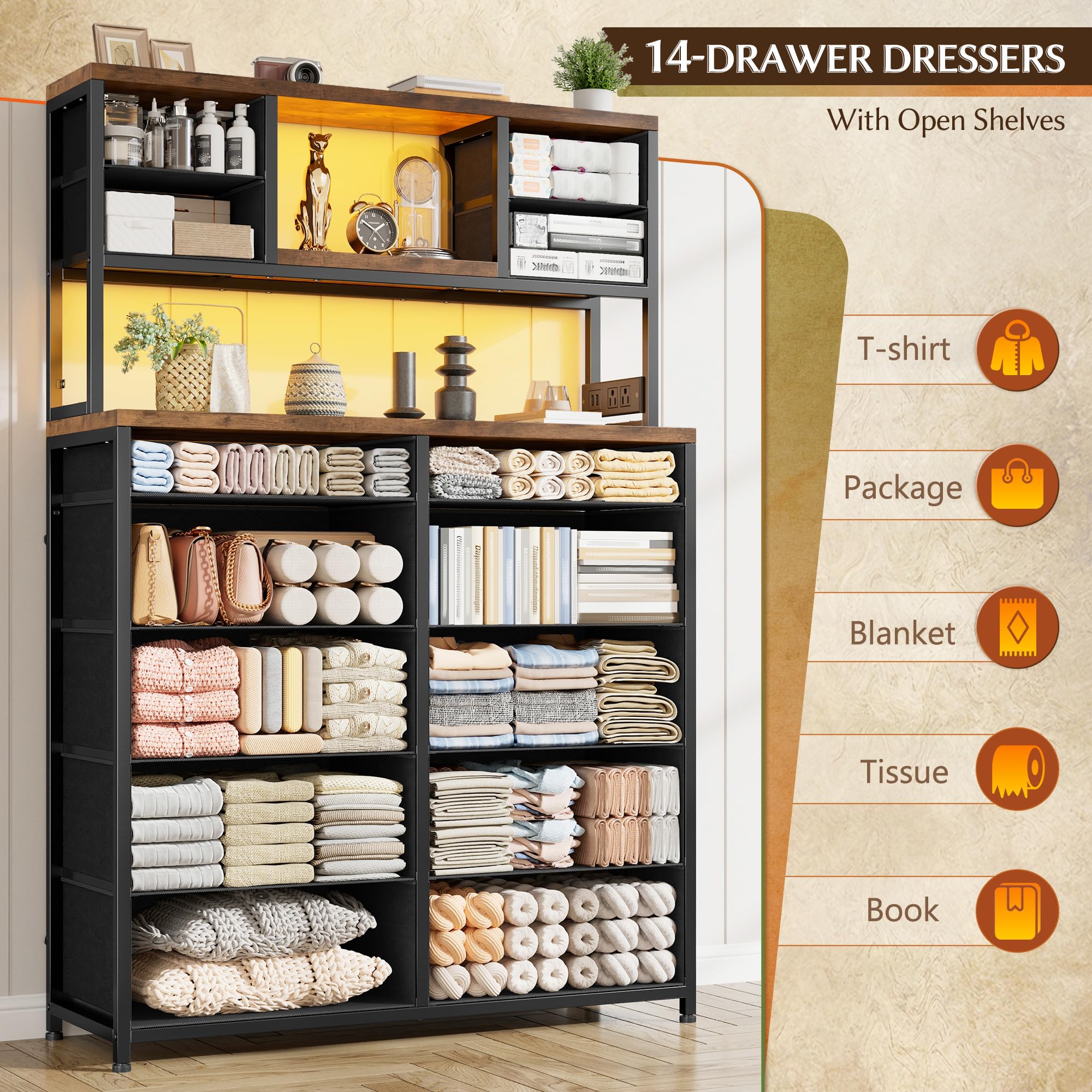 EnHomee Black Dresser with Multiple Fabric Drawers, Dresser for Bedroom with Charging Station and LED Lights,Dressers & Chests of Drawers for Bedroom, Steel Frame & Wooden Top, Entryway