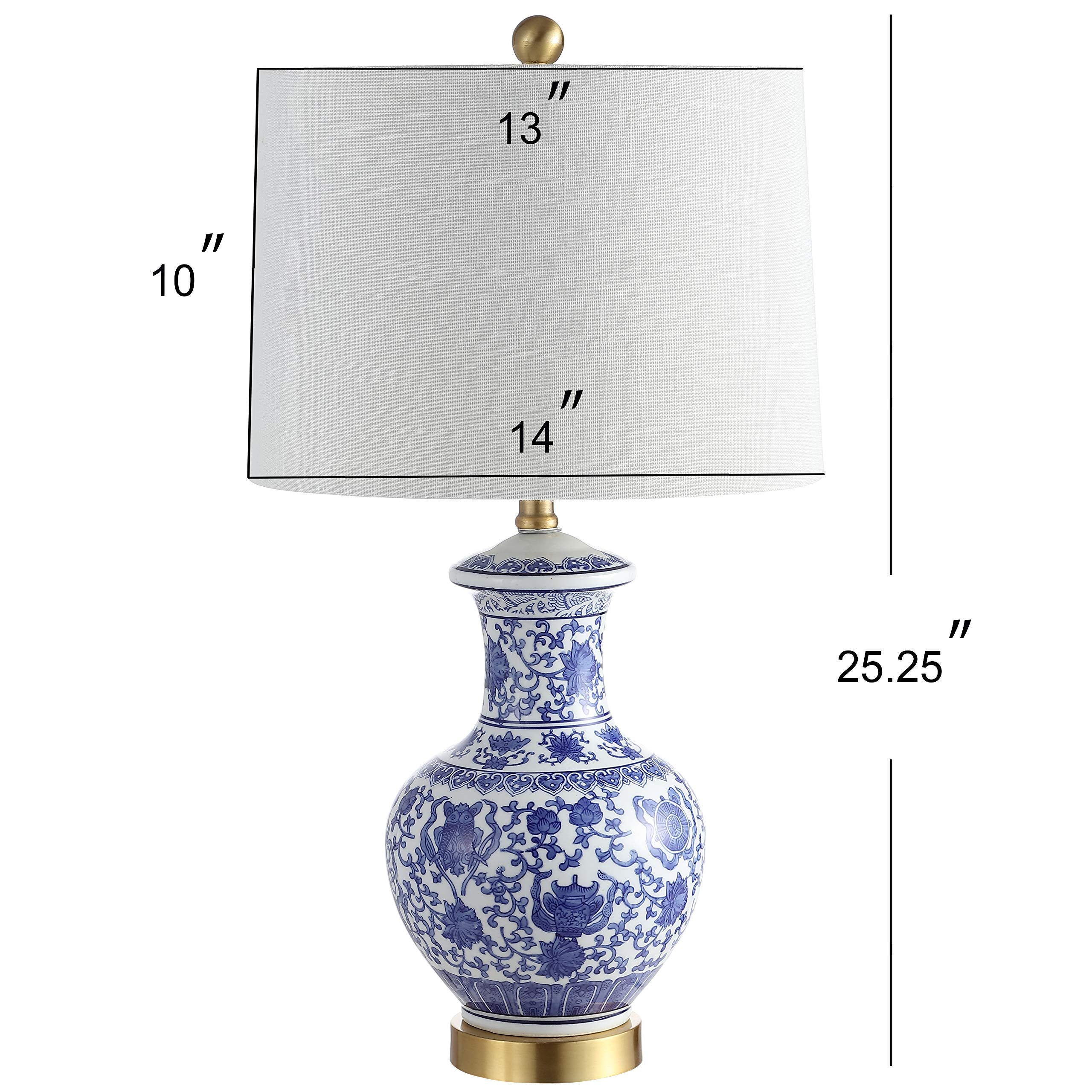 JONATHAN Y 25.25" Blue/White Ceramic Ginger Jar Table Lamp Set of 2, Traditional Brass Gold Base for Living Room Bedroom, White Linen Drum Shade, LED Bulbs Included JYL1072A-SET2