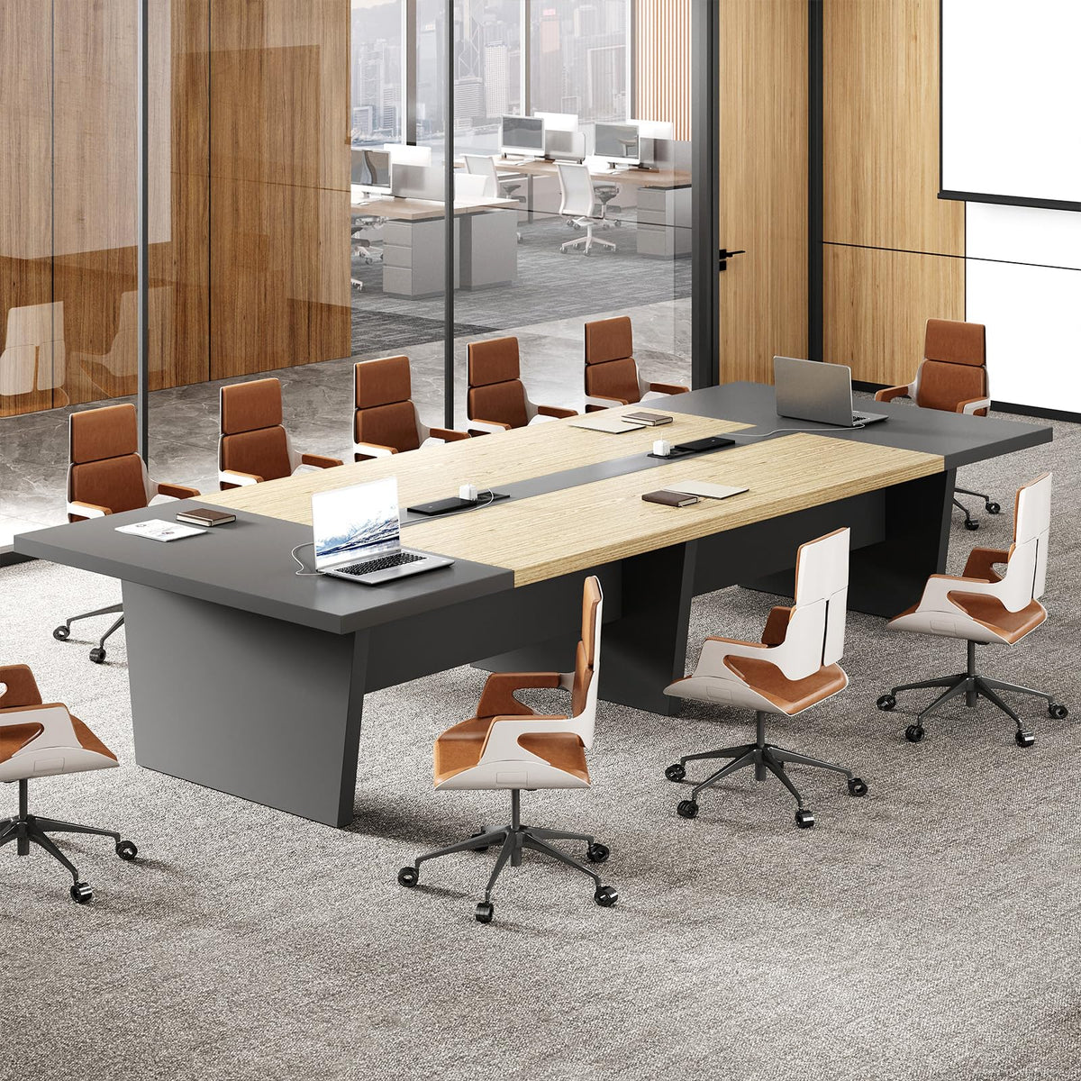10 ft Conference Table for 10 People, Large Meeting Table with Built-In Power Outlet, Cable Management & 2-Inch Thickened Tabletop, Office Conference Room Table, Oak and Grey, 118"L x 52"W x 30"H