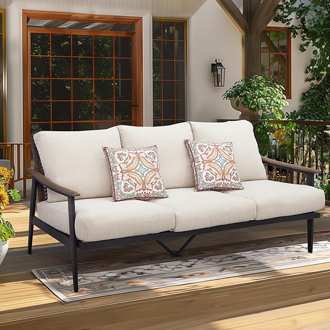 Patio Loveseat Sofa with Wicker Backrest & 6" Cushion