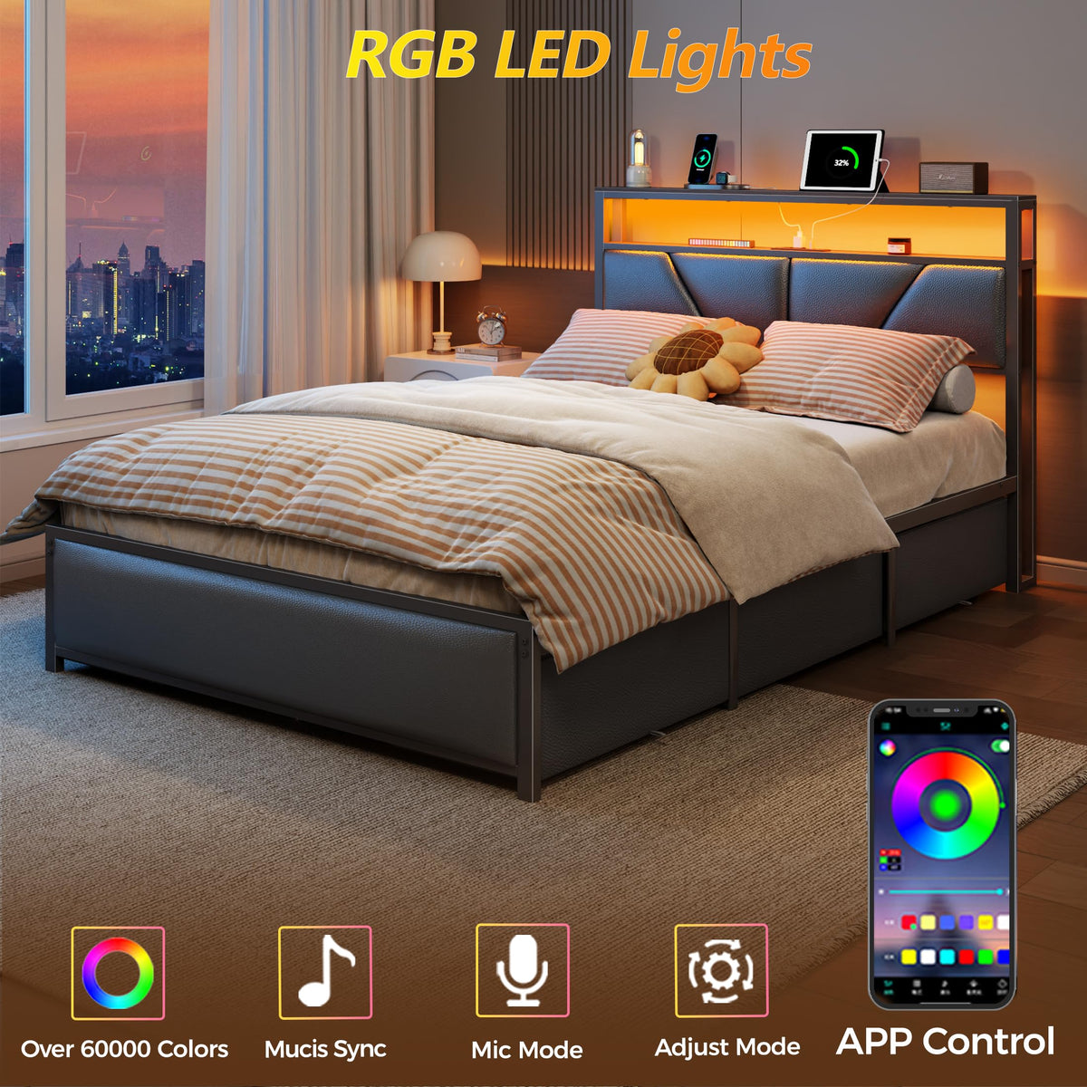 Full Storage Bed Frame with LED Lighting