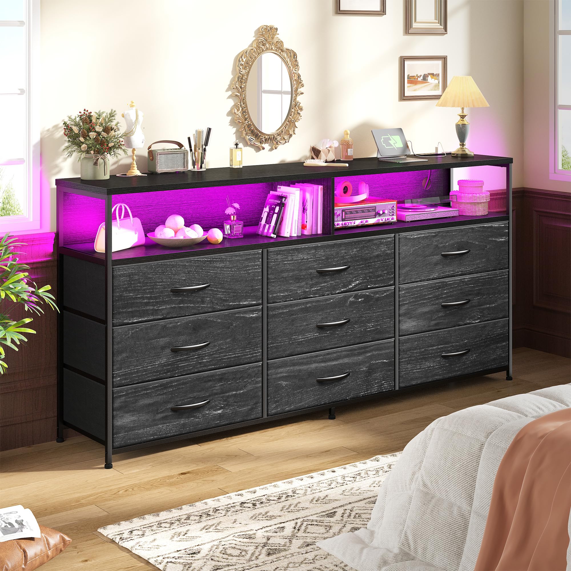 Romorgniz 55" W Dresser for Bedroom with 9 Drawers LED TV Stand with Power Outlets for 45, 55, 65 Inch TV Sturdy Long Chest of Drawers with Extra 2 Wooden Shelves Steel Frame Grain Black