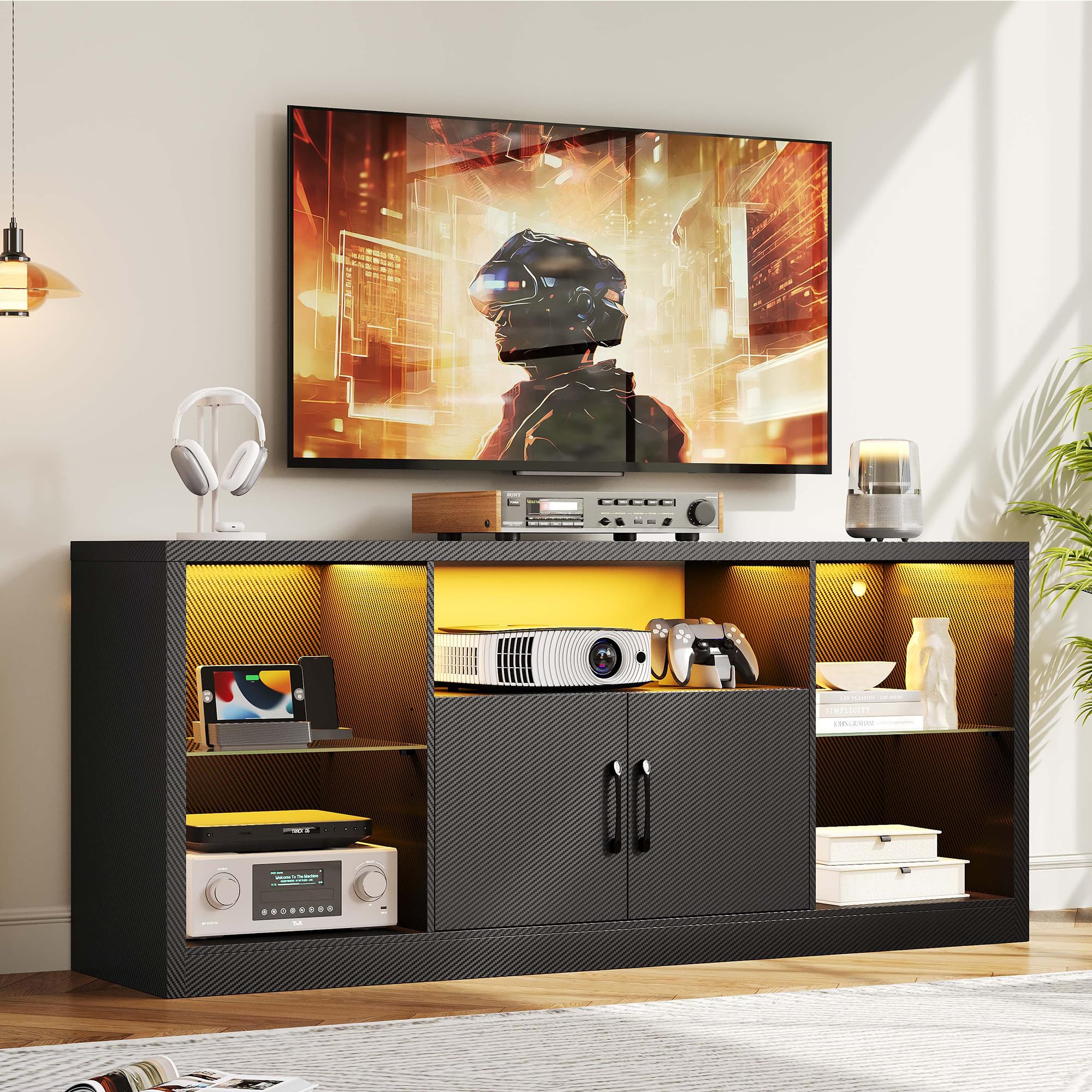 IRONCK TV Stand for TVs 65 inch with Power Outlet and LED Lights, Carbon Fiber Entertainment Center with Storage Cabinets, Adjustable Glass Shelves, Modern TV Stands for Living Room, Black