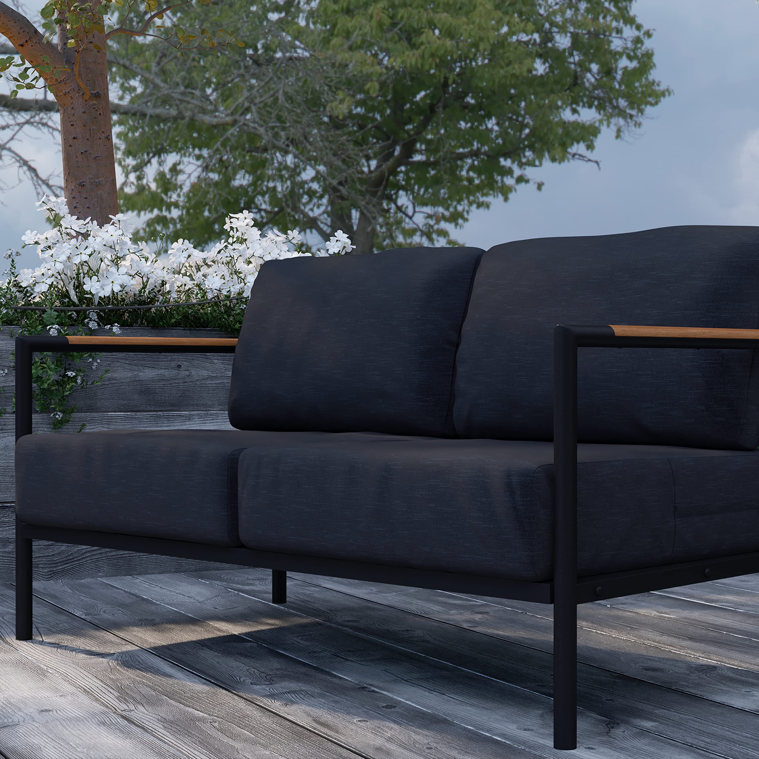Outdoor Aluminum Loveseat with Teak Accents & All-Weather Cushions