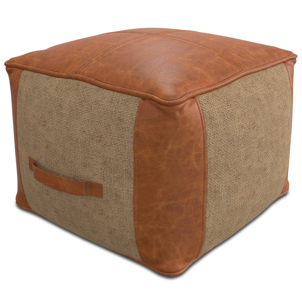 Tan Leather and Jute Pouf