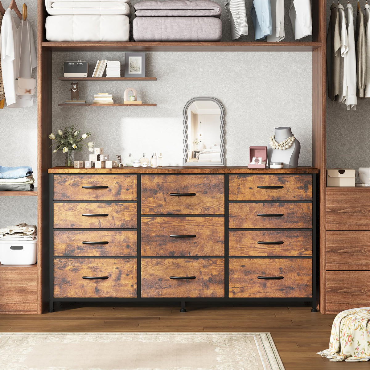 Romorgniz 47.2"W Long Dresser with 11 Fabric Drawers, TV Stand & Wooden Top