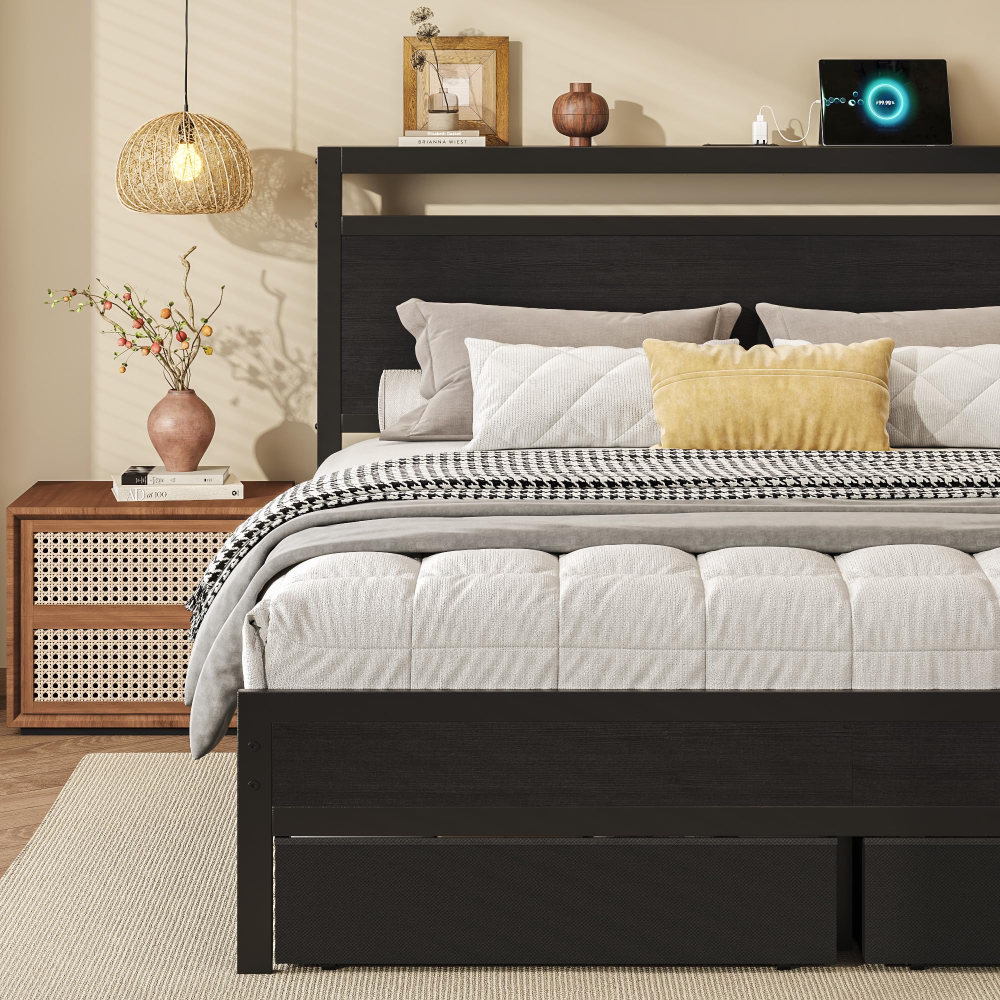 HISOFT Queen Bed Frame with Storage, Wood Headboard with Fast Charging Station, LED Lights, Platform Bed Frame Queen Size, Fabric Drawers with Wheels, No Box Spring Needed, Noise Free, Black