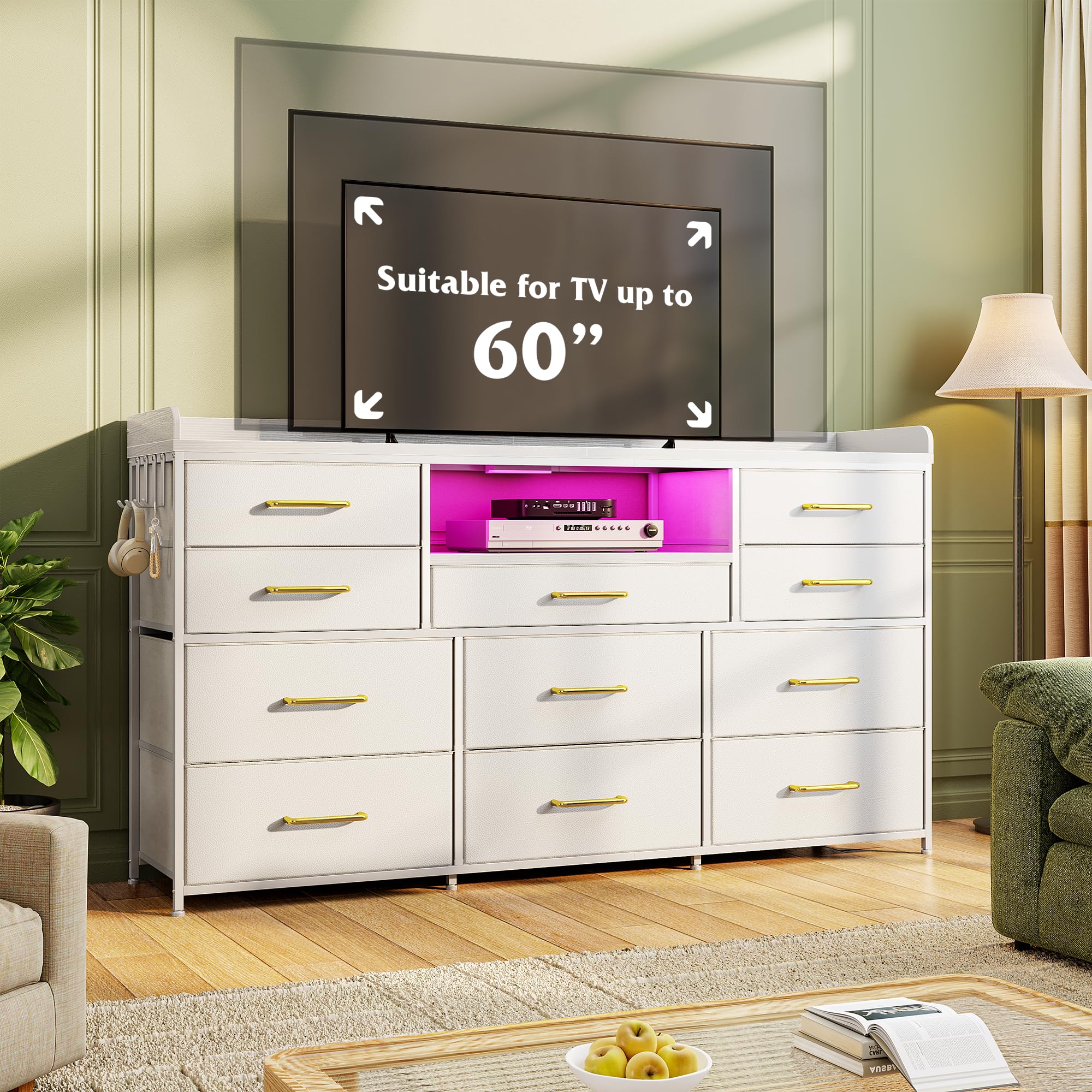EnHomee Dresser TV Stand with 11 Drawers, 60" TV Stand with LED Lights & Power Outlets, White Dresser for Bedroom with Shelves & 5 Hooks for Dorm, Hallway