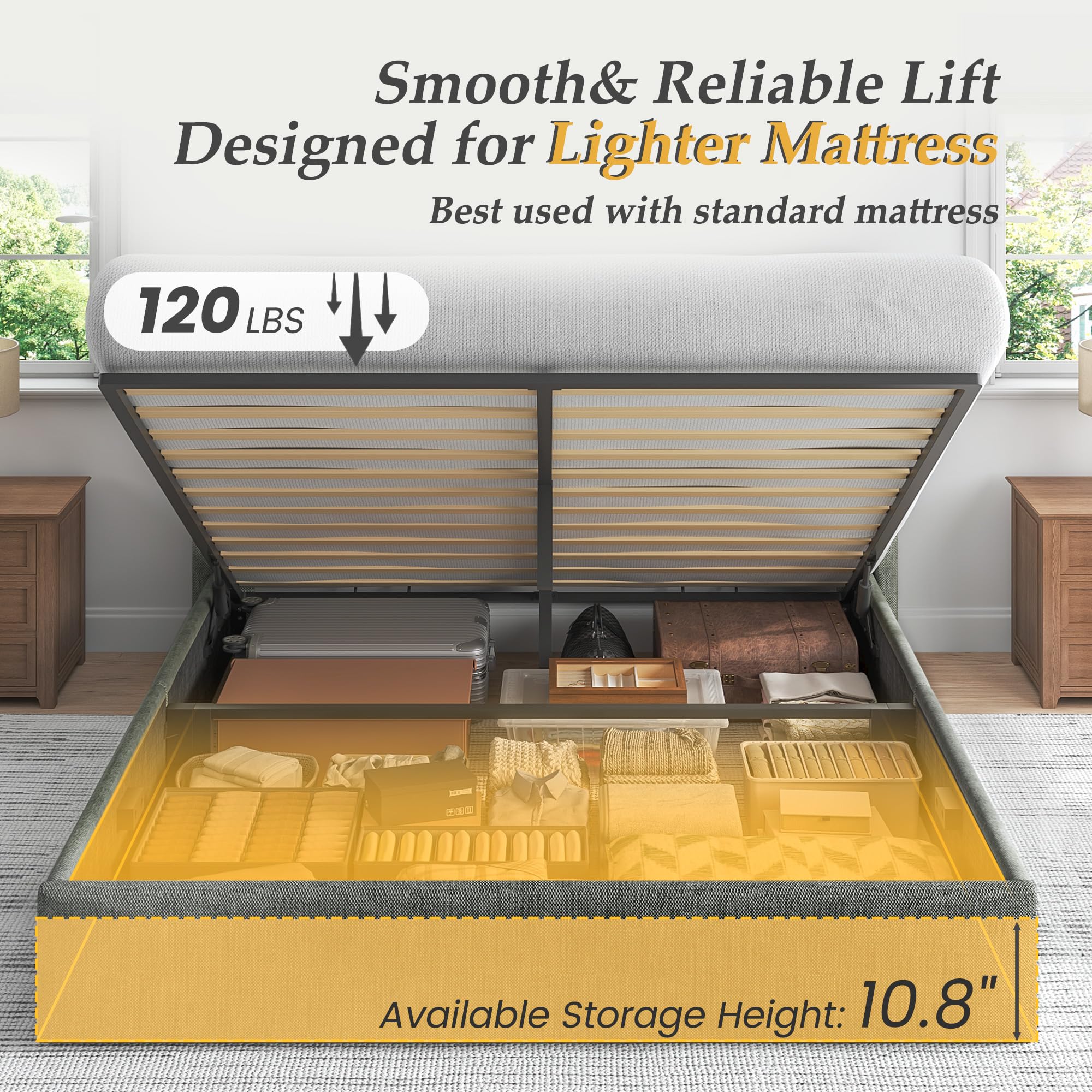 Lifezone Queen Size Lift Up Storage Bed Frame, Linen Upholstered Queen Platform with Button Tufted Wingback Headboard and Under-Bed Storage, Hydraulic Support, No Box Spring Needed, Noise Free, Grey