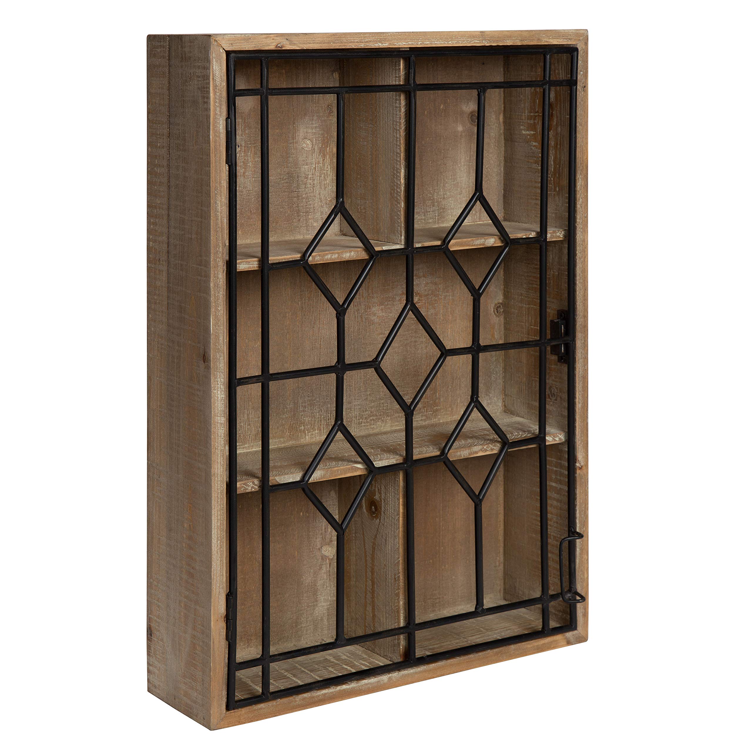 Kate and Laurel Megara Decorative Wooden Wall Hanging Curio Cabinet for Open Storage with Decorative Black Iron Door, Rustic Brown