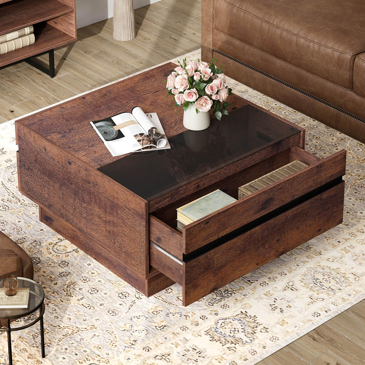 Square Glass Top Storage Coffee Table