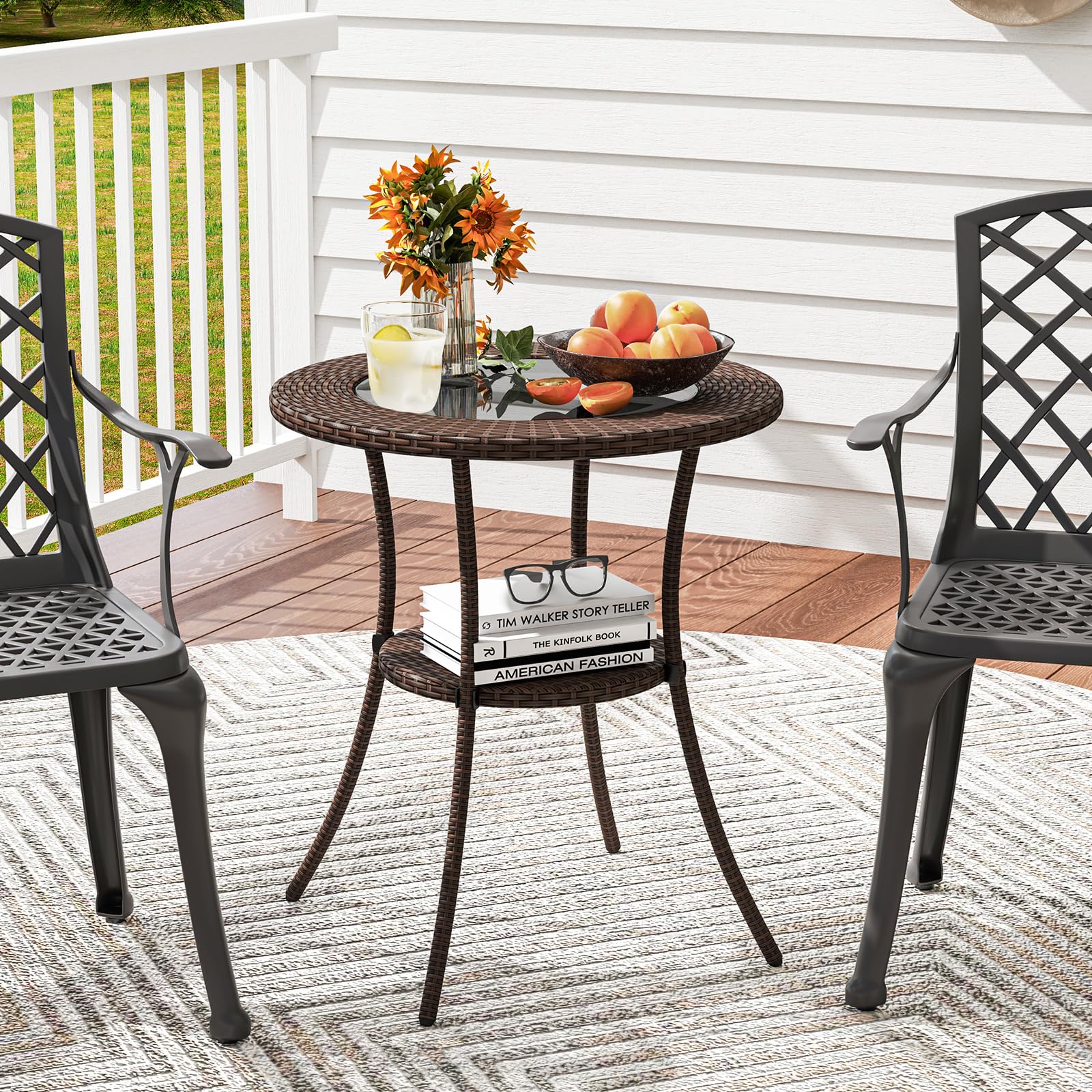 Round Wicker Patio Side Table with Tempered Glass Top & Storage Shelf