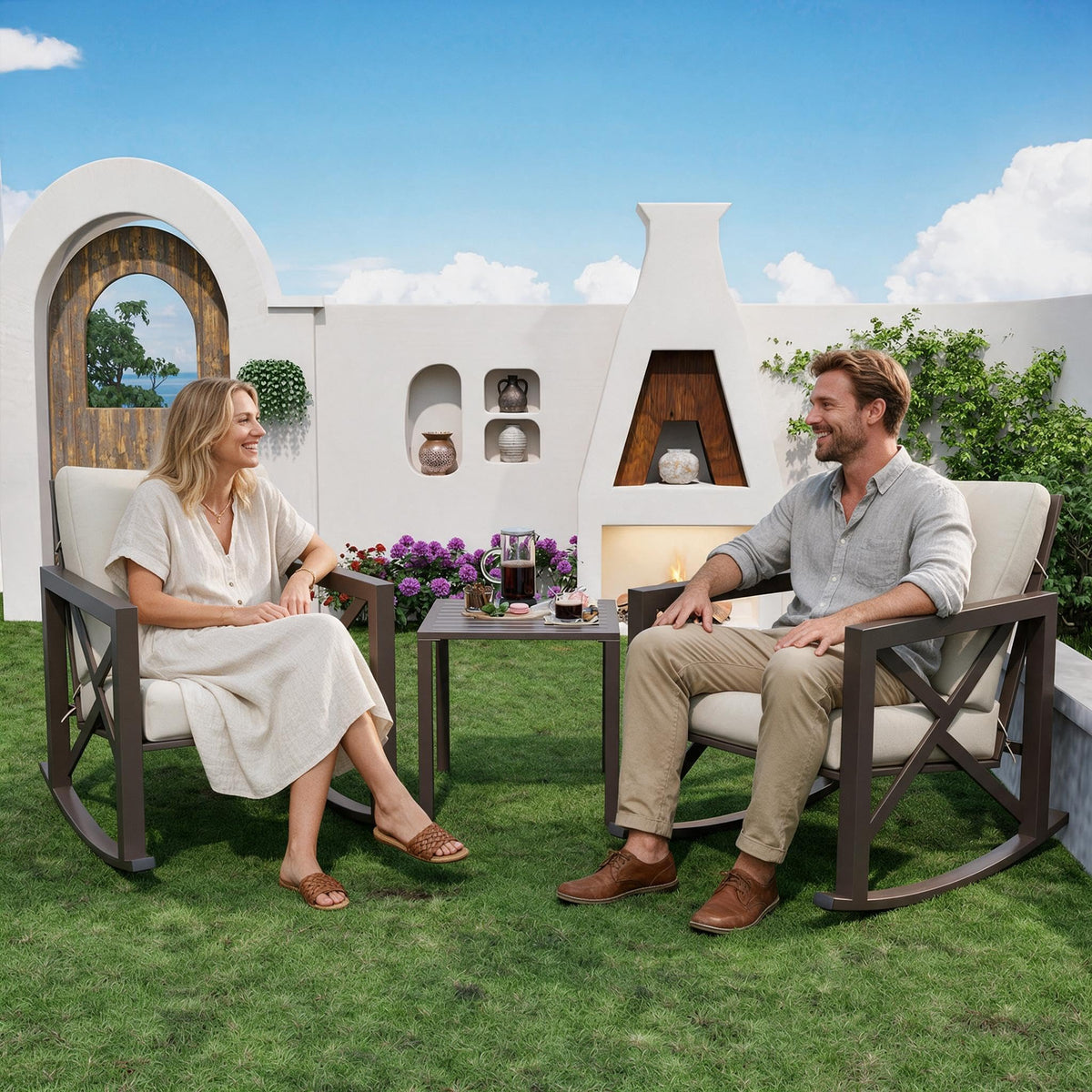 Outdoor Rocking Bistro Set, Patio Chairs Set of 2 with Coffee Table, Beige