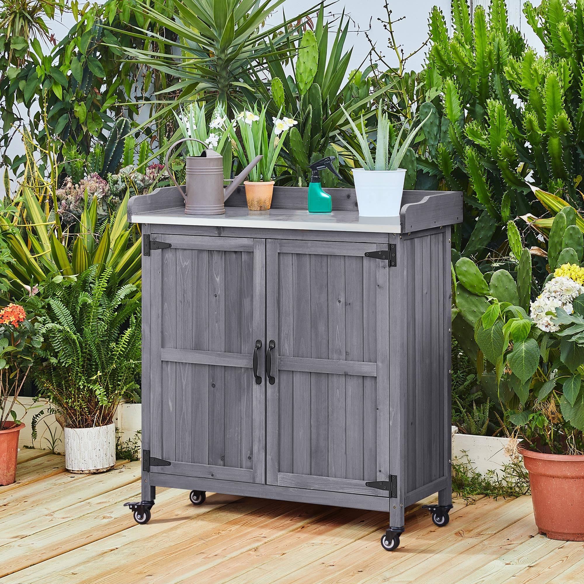 Rolling Garden Potting Bench with Metal Top & Storage
