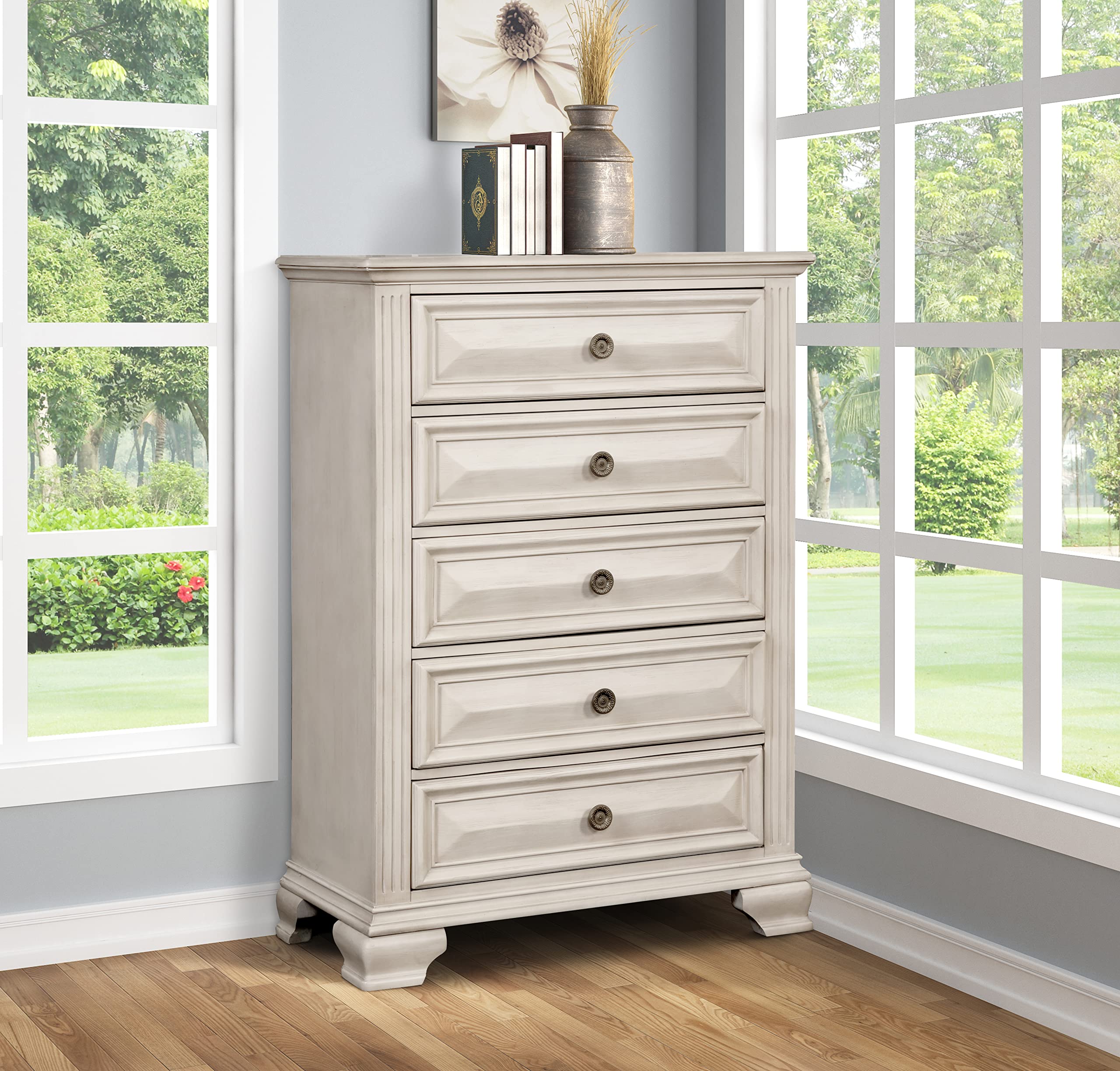 Roundhill Furniture Renova Distressed Parchment Wood Bedroom Set, Queen Panel Bed, Dresser, Mirror, Nightstand, Chest