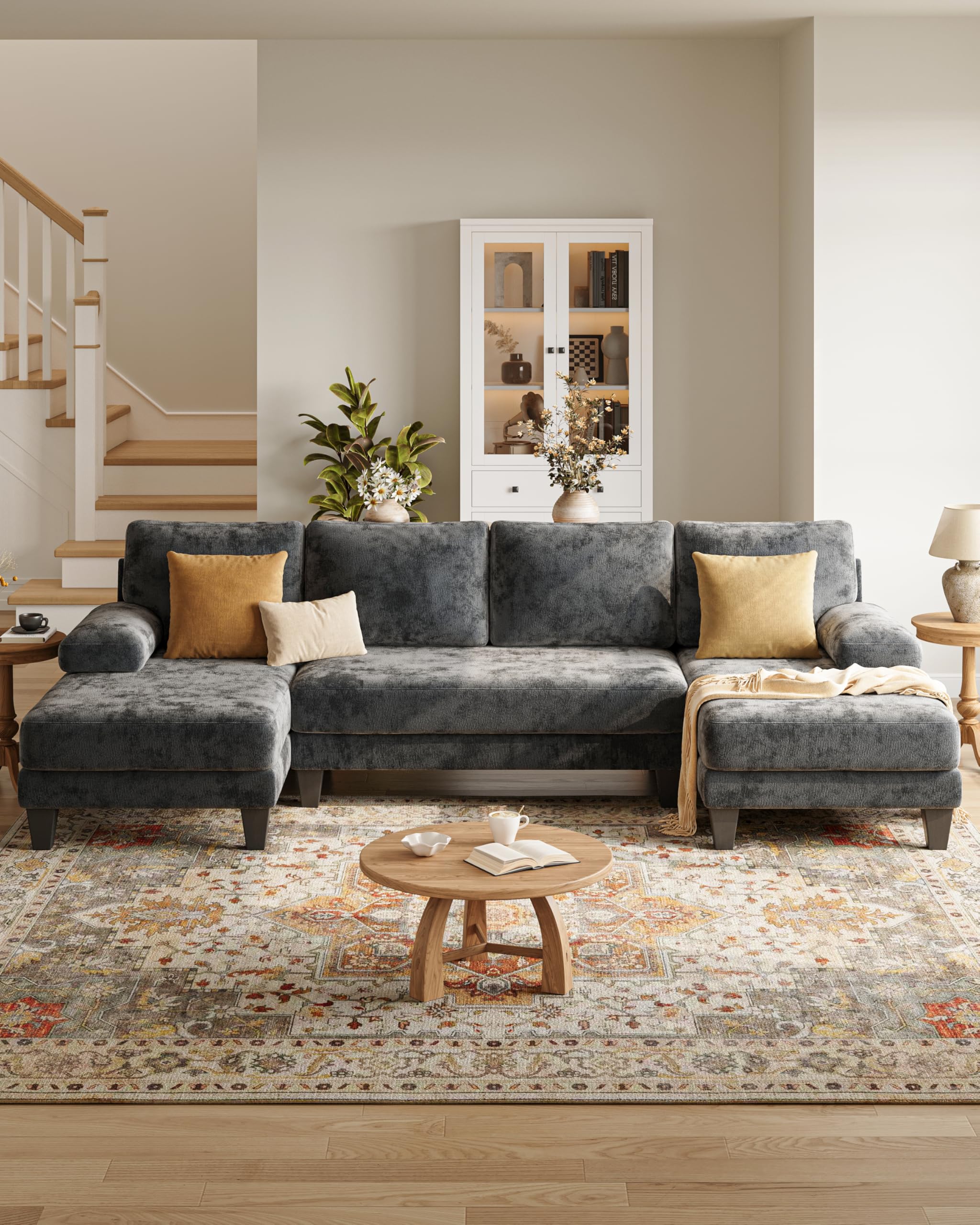 TROMIRY U-Shaped Sectional Couches for Living Room | Chenille Sofa with Double Chaise | 112 Inch Dark Grey Sectionals Couch for Apartment