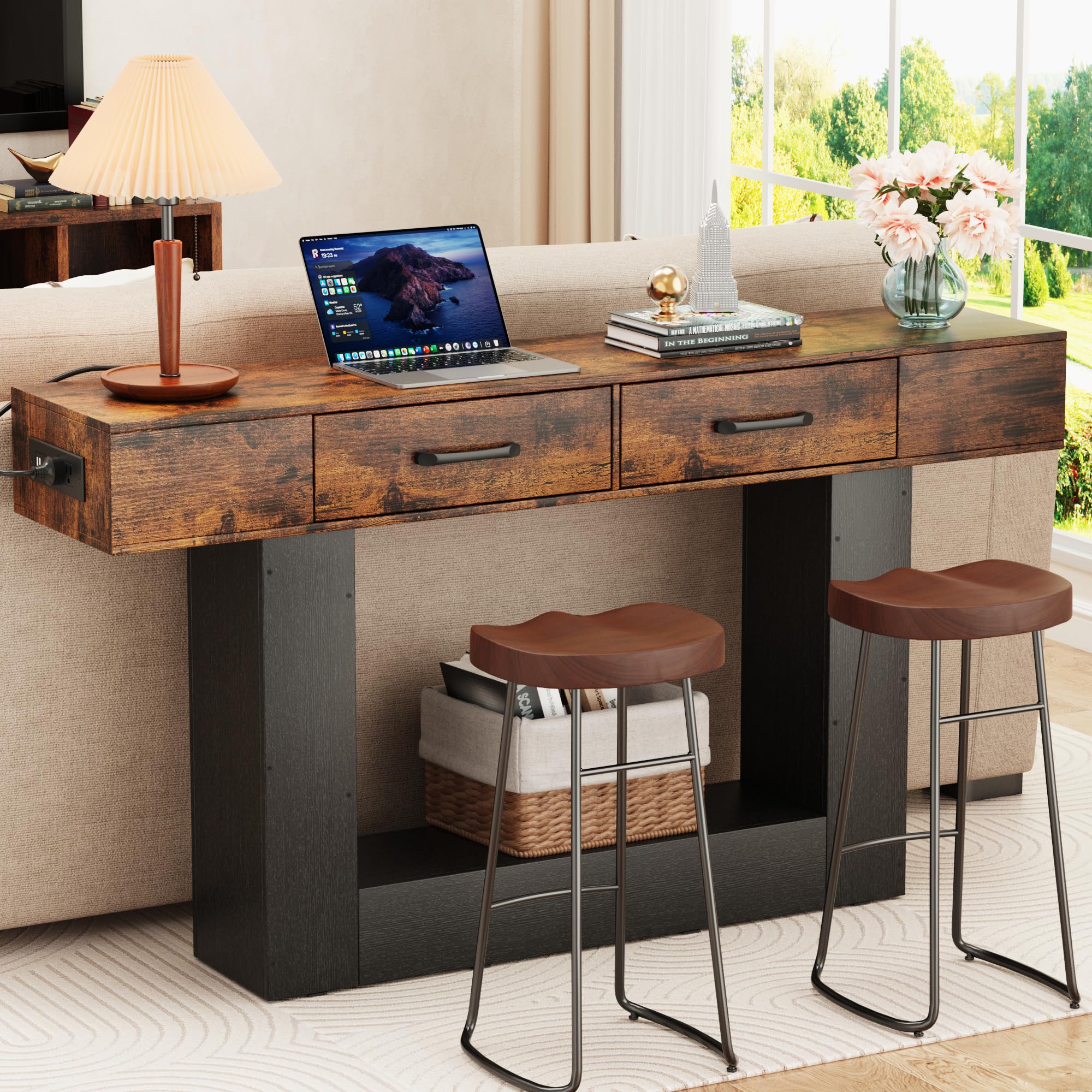 63" Long Console Table with LED Lights & Charging Station,2-Tier Entryway Table with Drawers and Open Storage Shelf for Entry Way,Farmhouse Sofa Table with Heavy Duty Base for Hallway, Foyer(Brown)