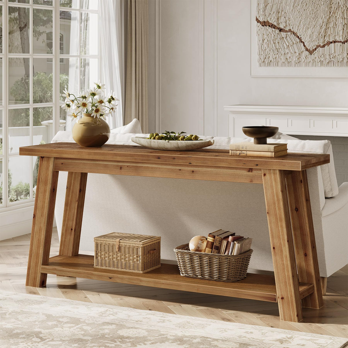 Solid Wood 2-Tier Console Table
