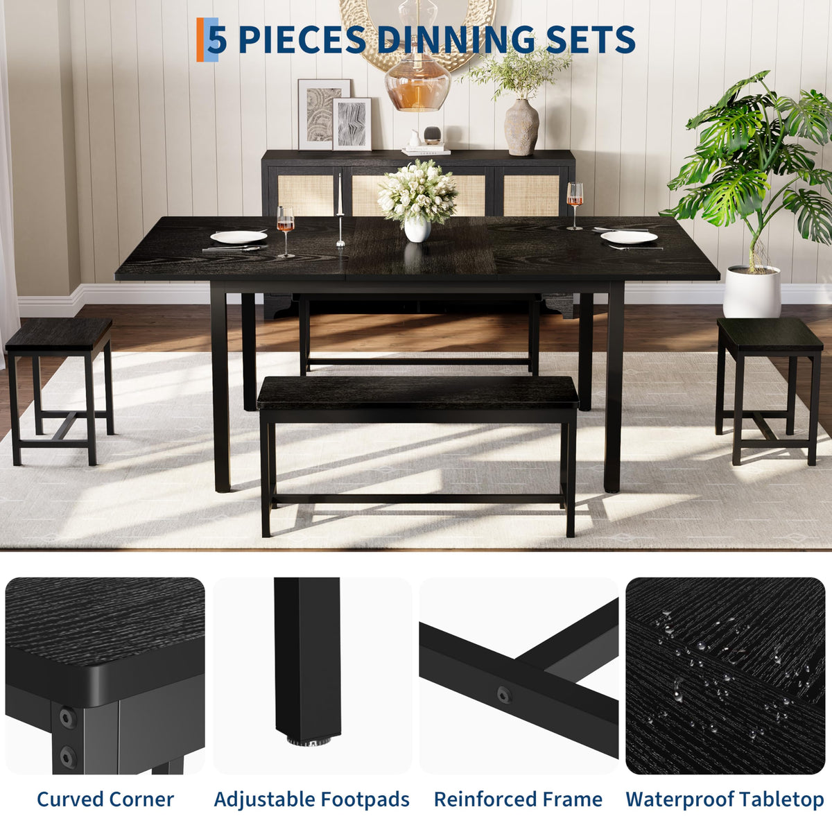 GarveeHome 5 PCs Dining Table Set for 6-8 People, 63 in Extendable Kitchen Table Set with 2 Benches and 2 Square Stools, Modern Dining Room Furniture Sets, Easy Assembly, Black