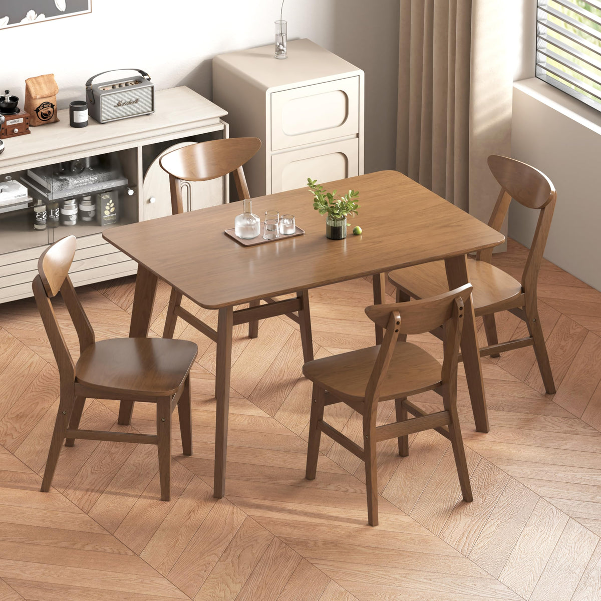 WiberWi 5 Piece Dining Table Set for 4, Solid Wood Kitchen Table Chairs Set of 4, 43.3” Space-Saving Mid Century Modern Dining Room Table, Walnut Home Furniture