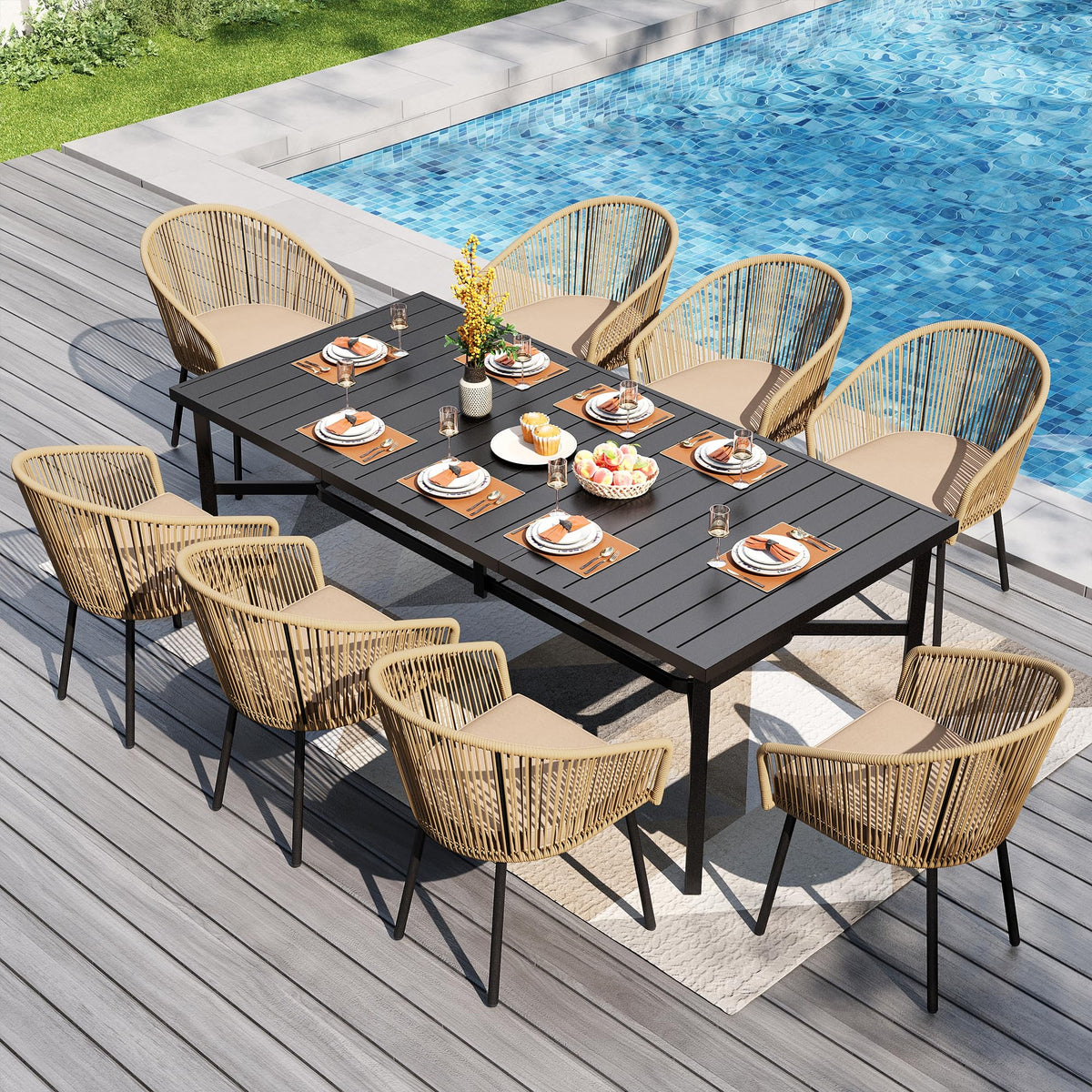 PHI VILLA 9pc Outdoor Dining Set, 83" Rectangle Table & 8 Rattan Chairs