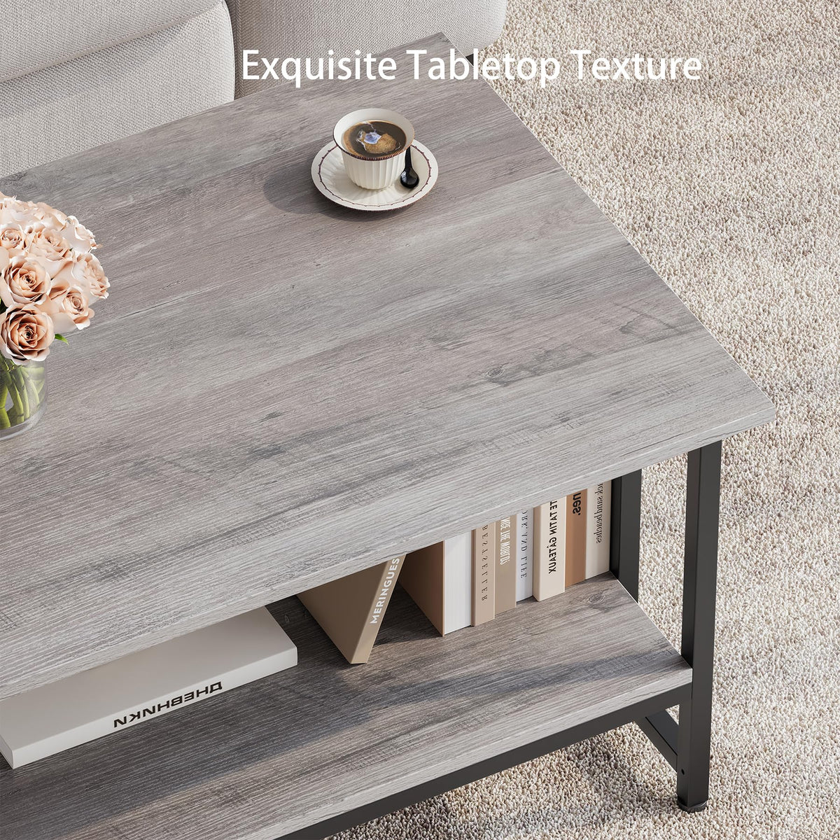 Masigle Coffee Table, 2-Tier Modern Coffee Table with Storage, 39.4" Rustic Wooden Rectangle Center Table, Easy to Assemble, for Living Room, Wash Gray