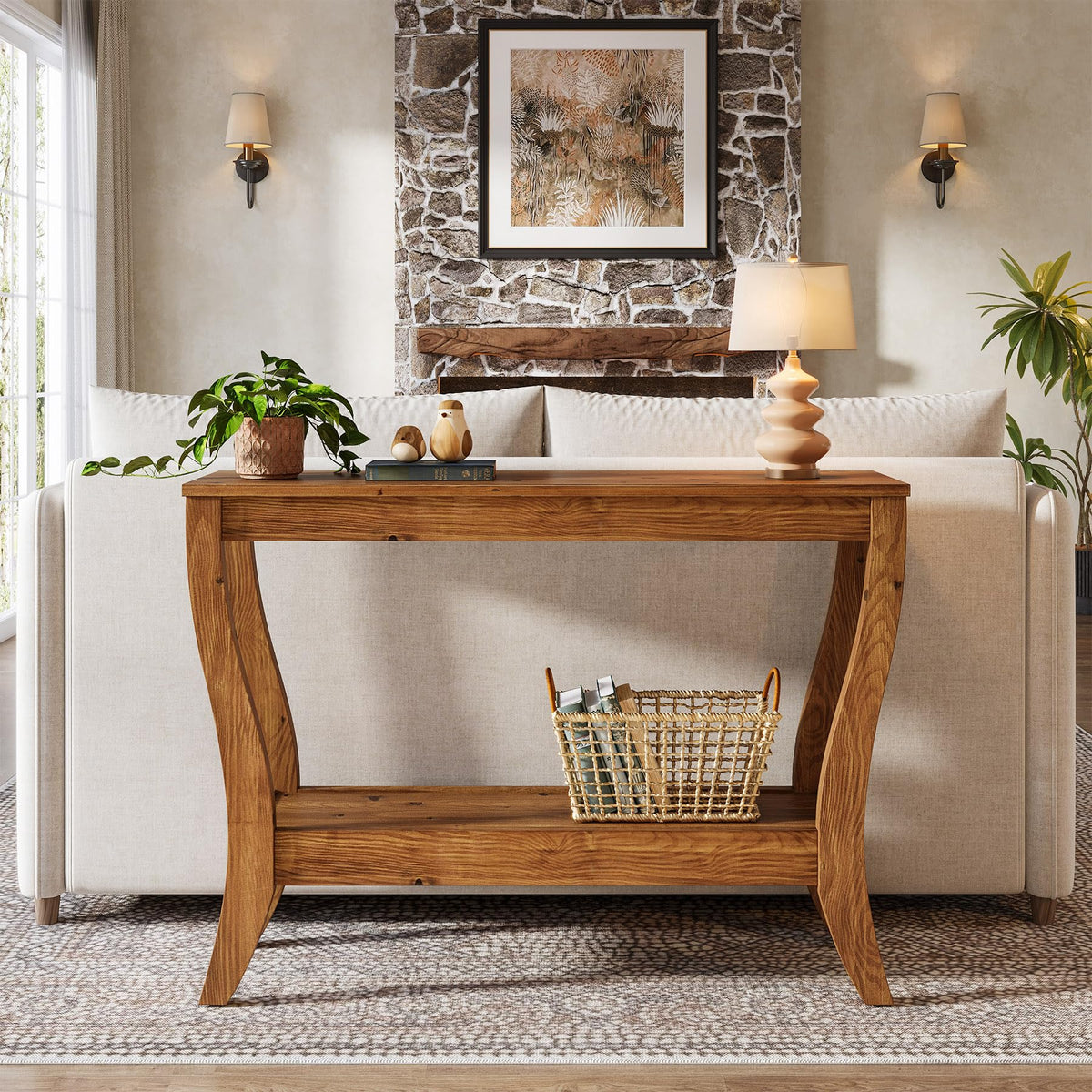 TRIBEWOOD Solid Wood Console Table for Entryway, 41.3-Inch Farmhouse Sofa Table with Storage, 2-Tier Wooden Entrance Table for Living Room, Hallway, Foyer (Walnut)
