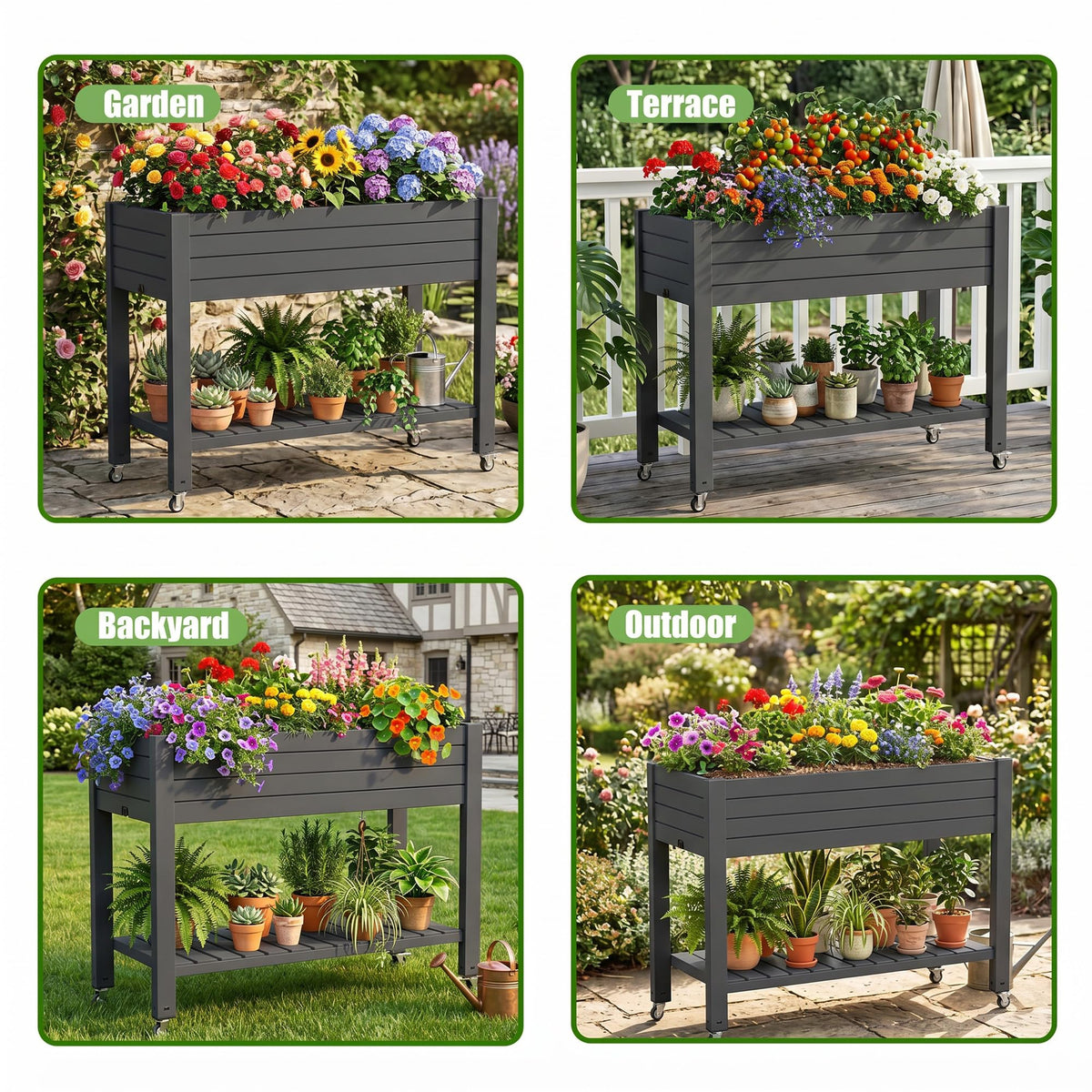 EFU Raised Garden Beds Outdoor, with Wheels & Extra Storage Shelf