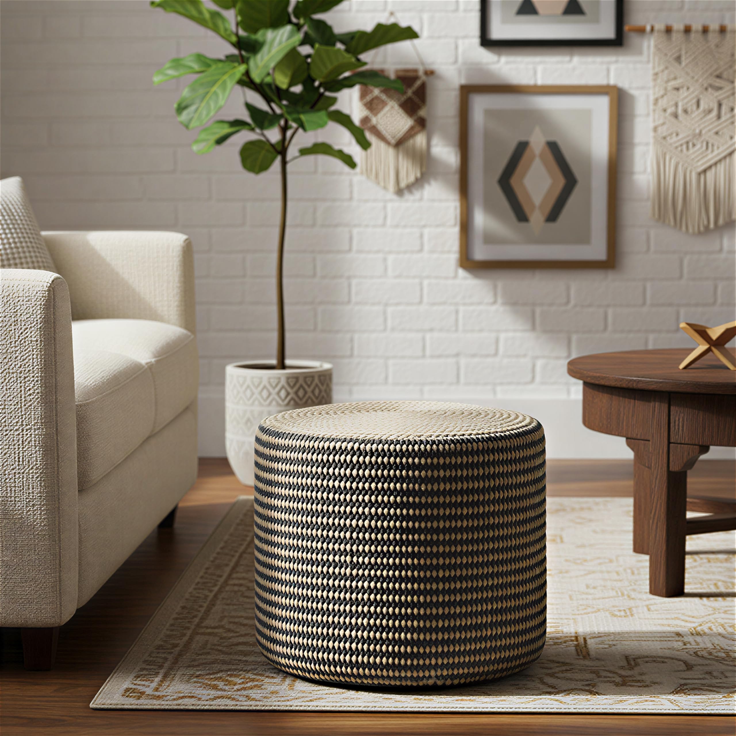 Round Braided Jute Pouf Ottoman, 18" Wide