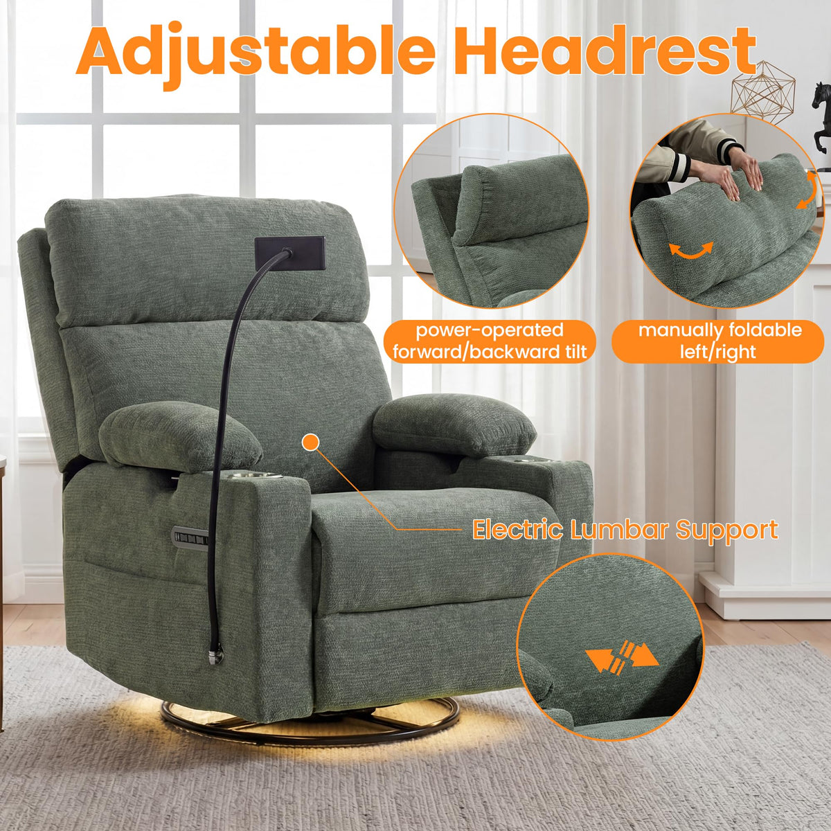 FiveWillowise Power Rocking Chair Nursery with Adjustable Arms&Headrest