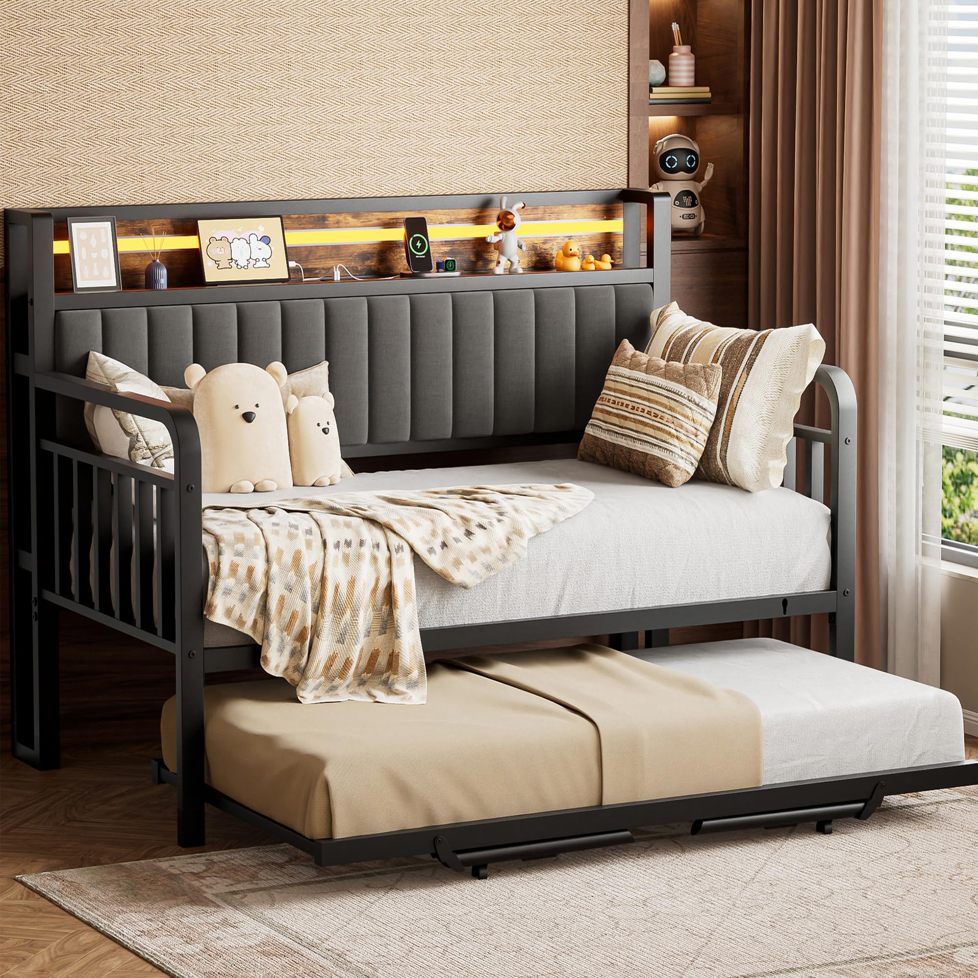 Daybed with Trundle and LED Light, Heavy Duty Metal Twin Bed Frame with Upholstered Storage Headboard & Charging Station, Day Bed Pop Up Trundle Bed Twin for Living Room,Bedroom and Guest Room (Brown)