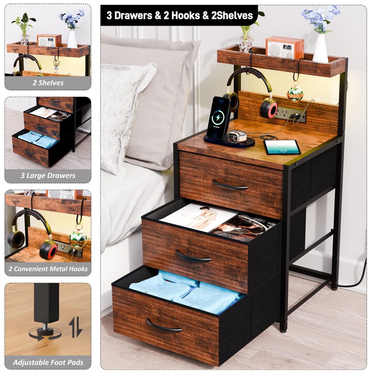 SZLHANJZ Nightstands Set of 2, LED Light and Charging Station, 3 Drawers