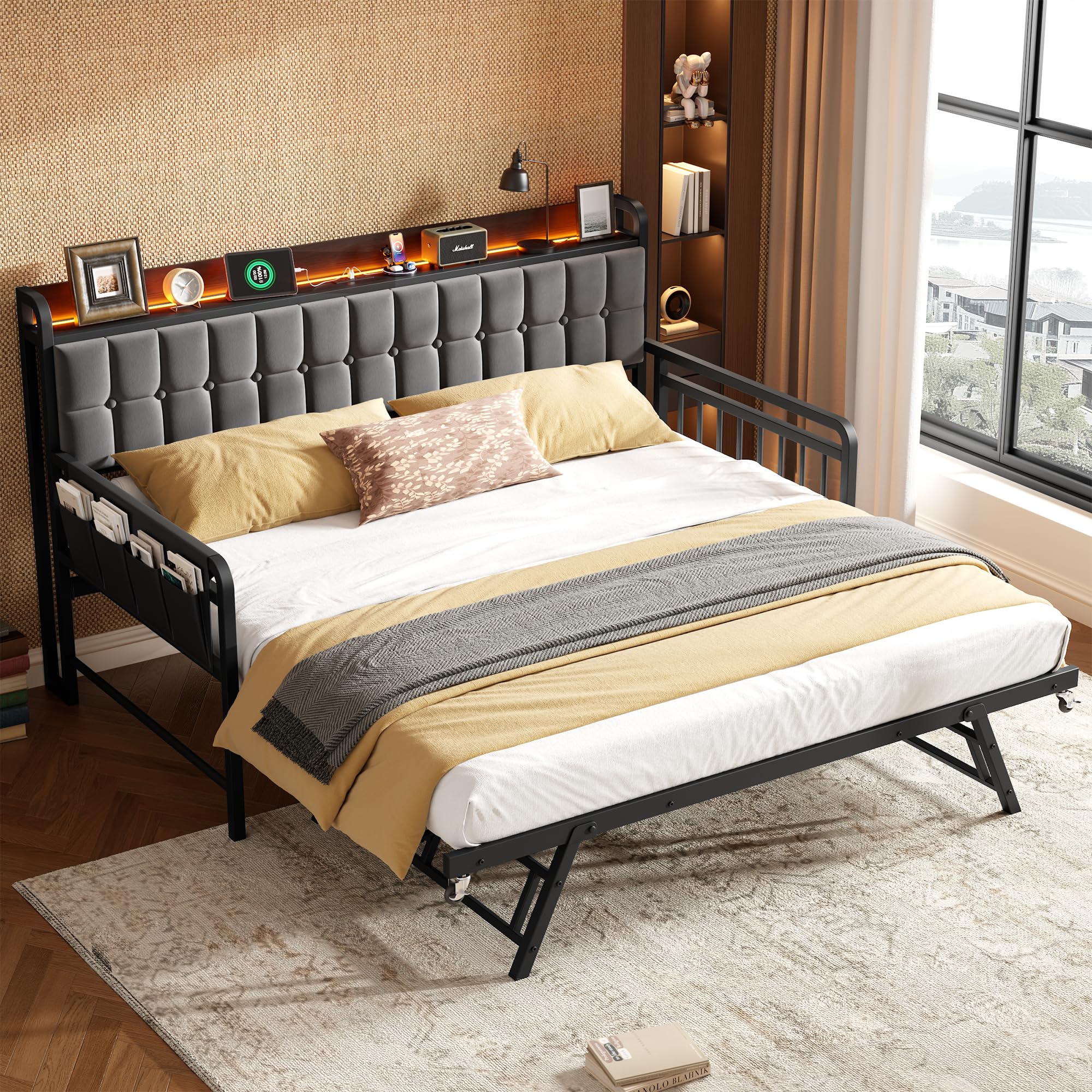 Garvee Twin Bed Frame Daybed with Trundle - with LED Light & Charging Station, Upholstered Sofa Bed with Storage Headboard and Heavy Duty Metal Slats, for Living Room, Bedroom, Guest Room, Black