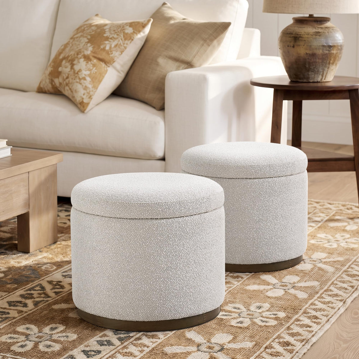 Dolamy Round Storage Ottoman, 20" Boucle Ottoman Foot Rest Stool(Beige)