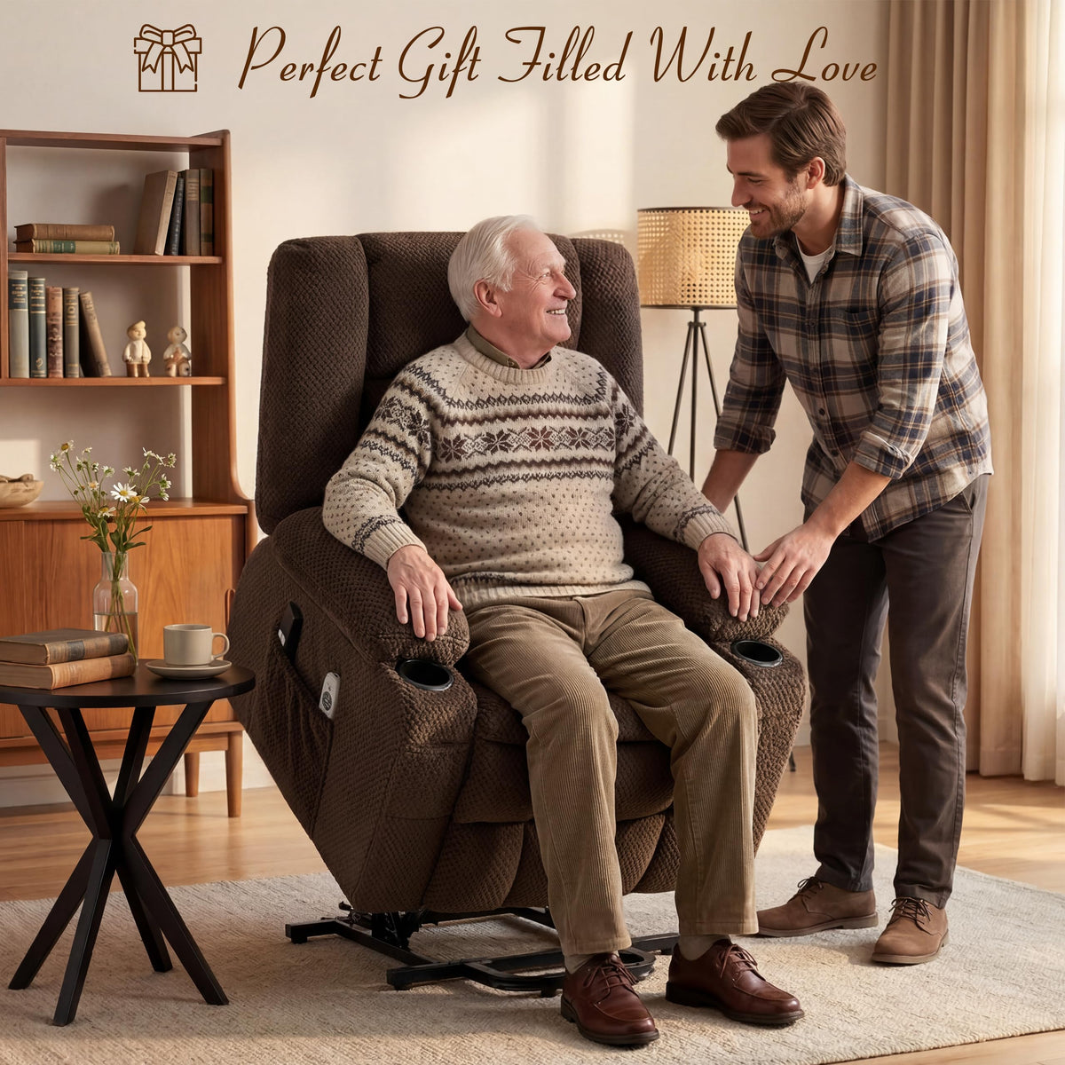 Power Lift Recliner Chair for Elderly, Electric Reclining Lift Chair with Massage and Heating, Comfy Overstuffed Recliner Single Sofa with Cup Holders, Pockets, USB Charge Port for Living Room,Brown