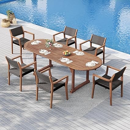 Expandable Acacia Wood Patio Dining Set with Rattan Chairs