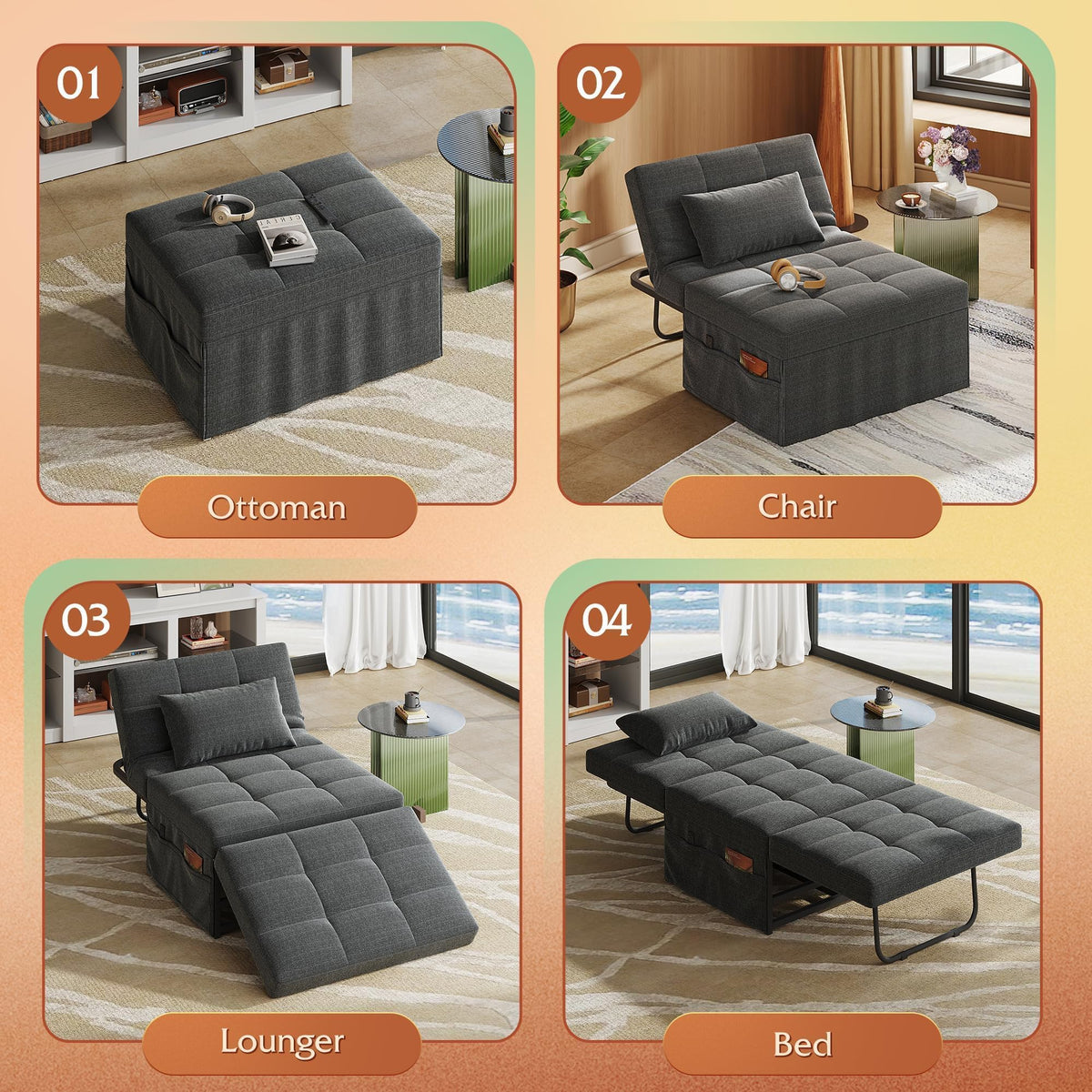 WLIVE Folding Ottoman Bed, 4-in-1 Multi-Function, Convertible Sofa Bed Foot Rest with Adjustable Back for Living Room, Dark Grey