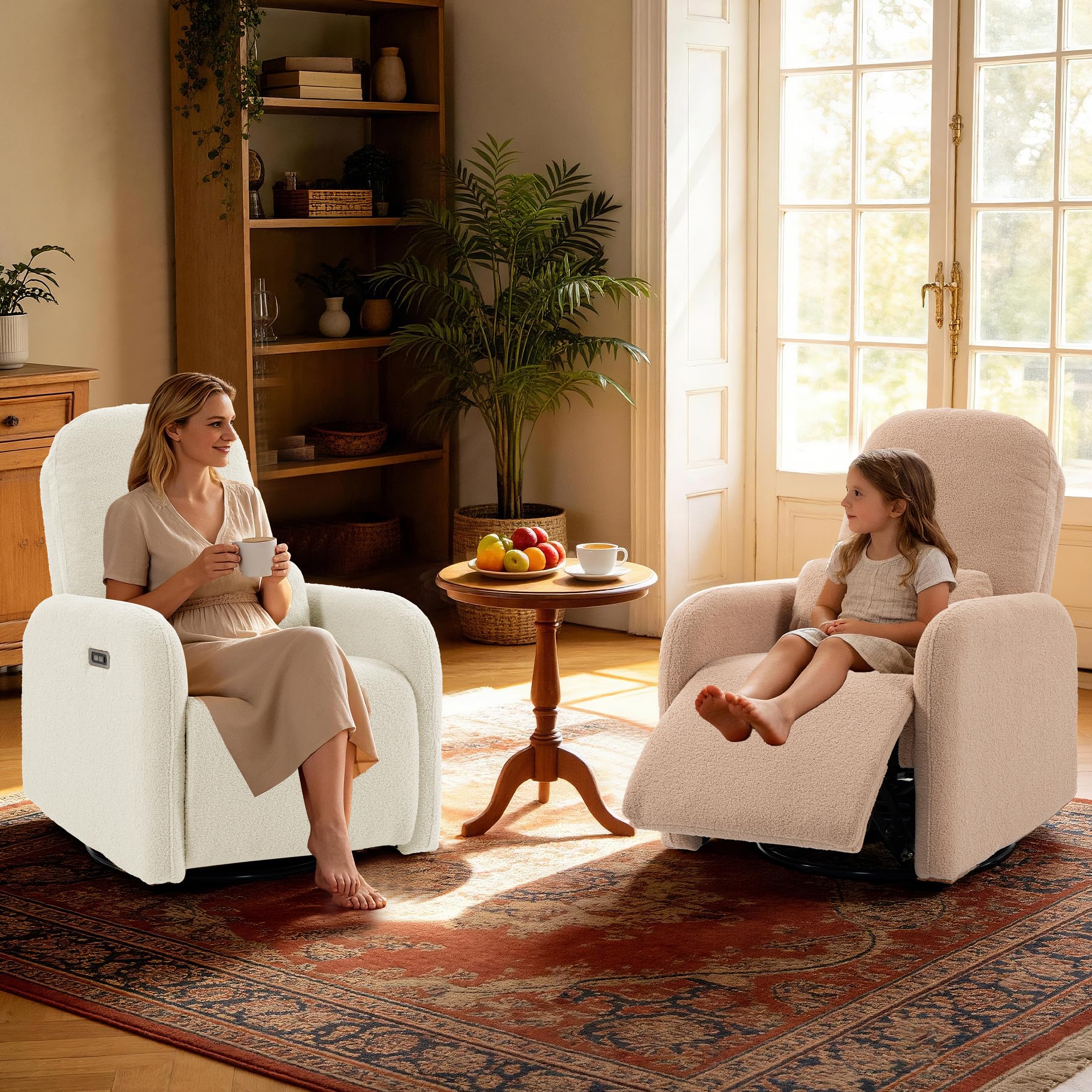Culect 270 Swivel Rocker Recliner Chair, Ladies Electric Power Recliner for Small Spaces, Nursery and Apartment, Beige Plush