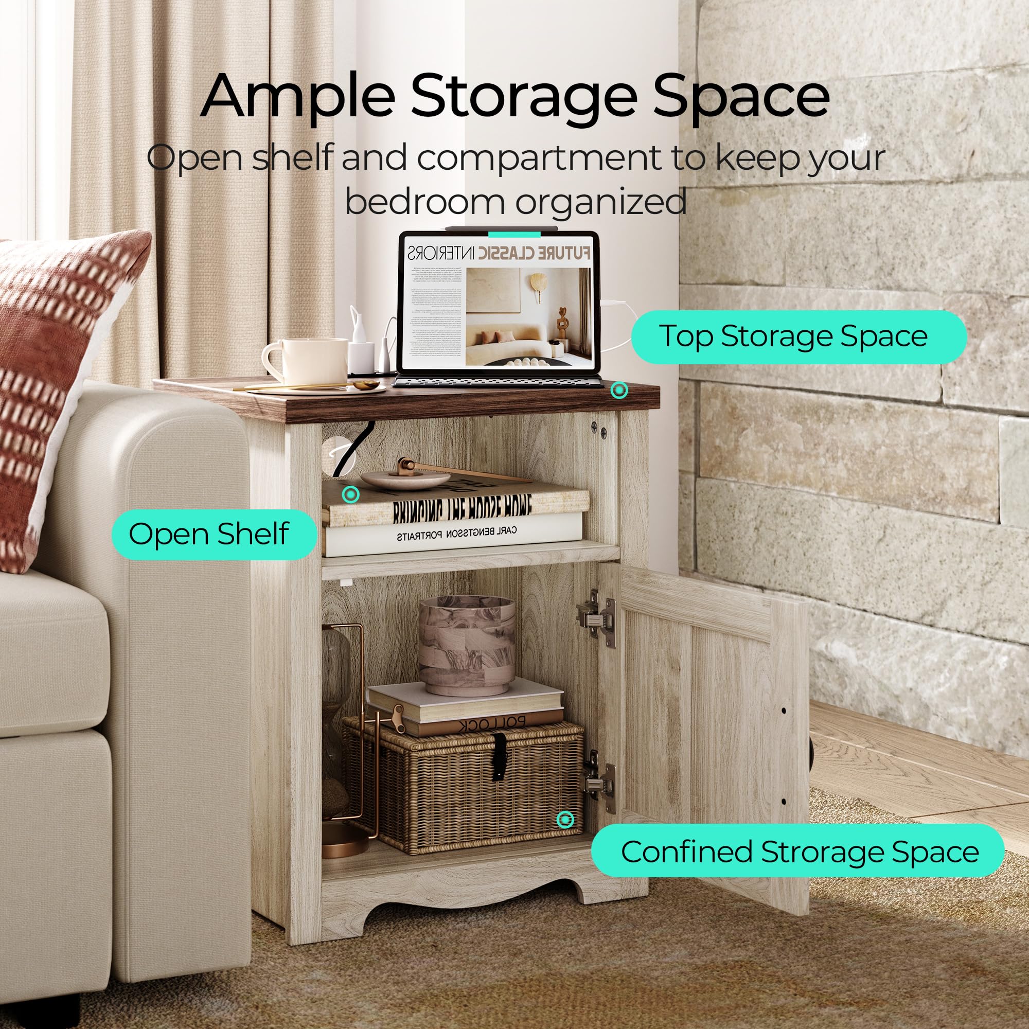 LINSY Farmhouse Night Stand Set of 2, 18.9” Wood End Table with Charging Station, Side Table for Bedroom, Living Room, Couch with USB Ports and Outlets, Nightstand with Storage, Beige