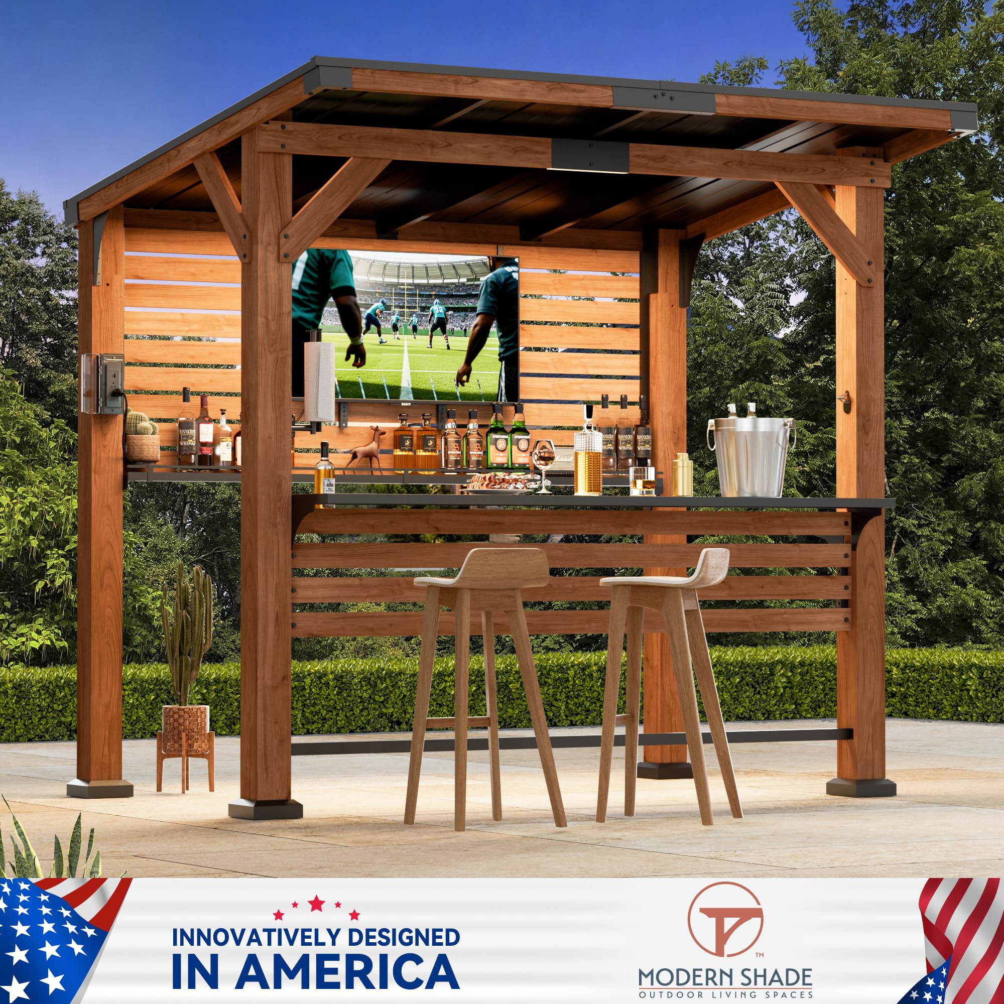 Modern Shade The Aura Cedar Wood Outdoor Bar with Shelves & Paper Towel Holder, Grill Gazebo with USB and USB-C Charging Ports, Wood Gazebo with TV Mount, Galvanized Steel Sloped Roof for Patio