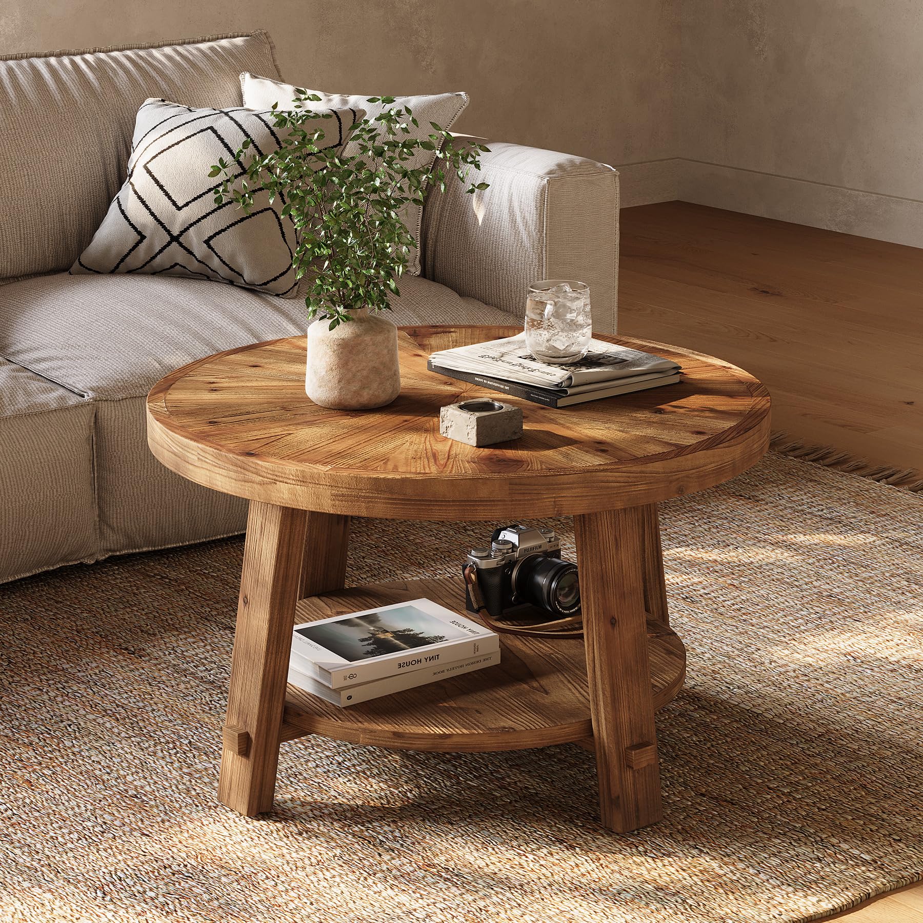 LITTLE TREE Solid Wood Coffee Table with Storage, 2-Tier Farmhouse Round Coffee Table for Living Room, Easy Assembly (Rustic Wood Color)