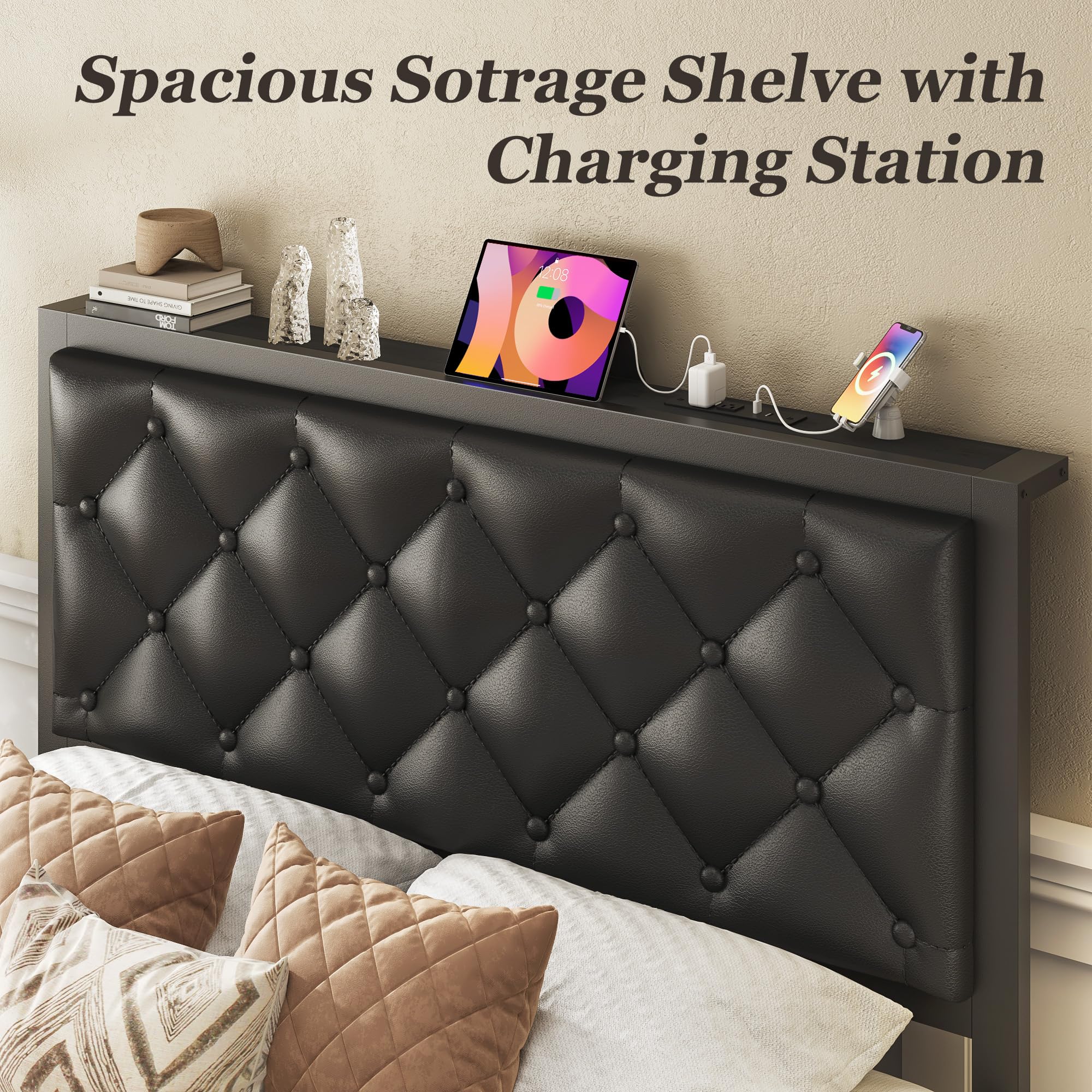 Queen Bed Frame with Storage Drawers & Charging Station