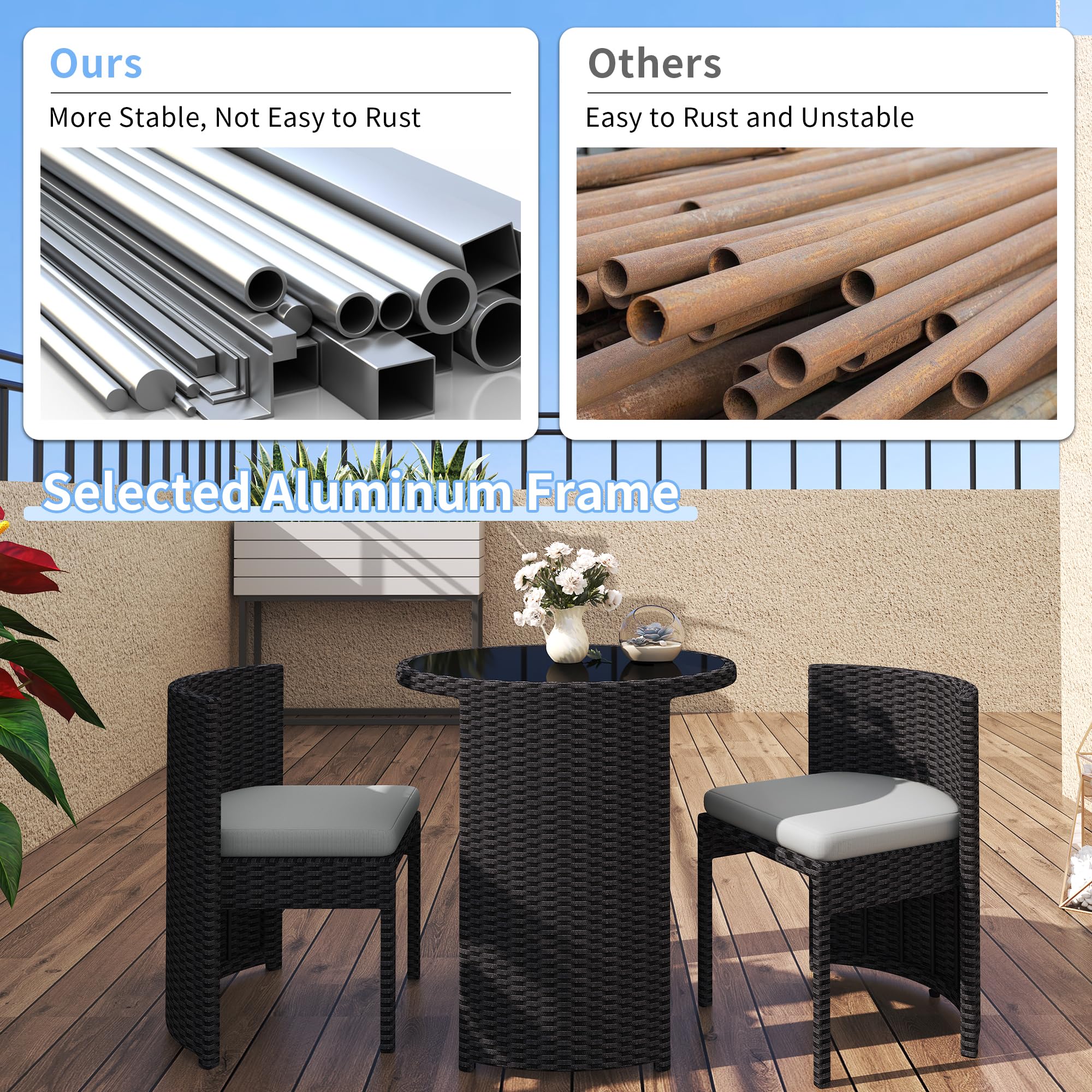 TWT Patio Bistro Set, 3 Pieces All Weather Cast Aluminum Patio Bistro Sets with Tempered Glass Table & Patio Chairs for Poolside Porch Deck Apartment, Durable Rust All-Weather Resistance