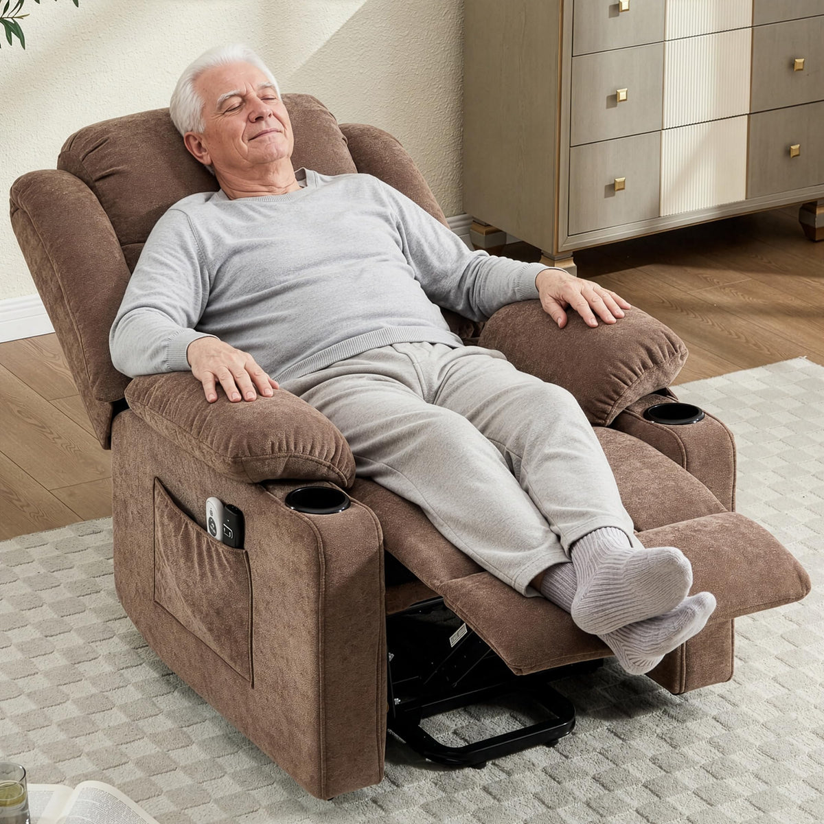 Sftaiyou Power Lift Recliner for Elderly,Electric Recliner Chair with Massage & Heating for Adults, USB Charging, Cup Holders, Side Pocket, Living Room Sofa L1288 (Brown)