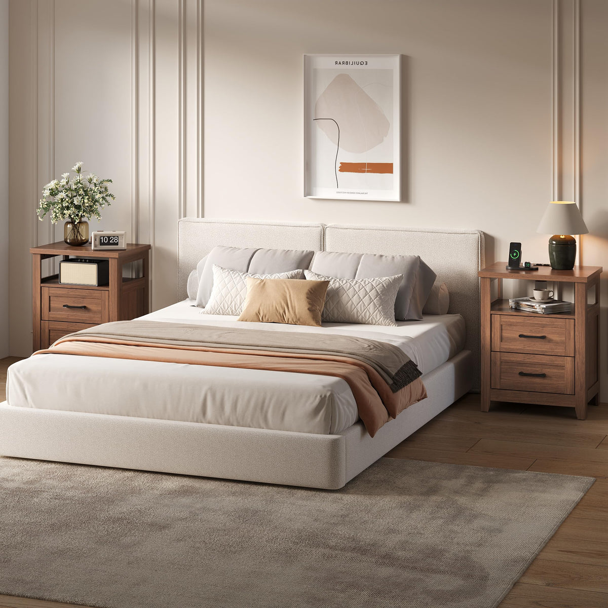 Decofy Farmhouse 2-Drawer Nightstand Set of 2 with Charging Station, Walnut
