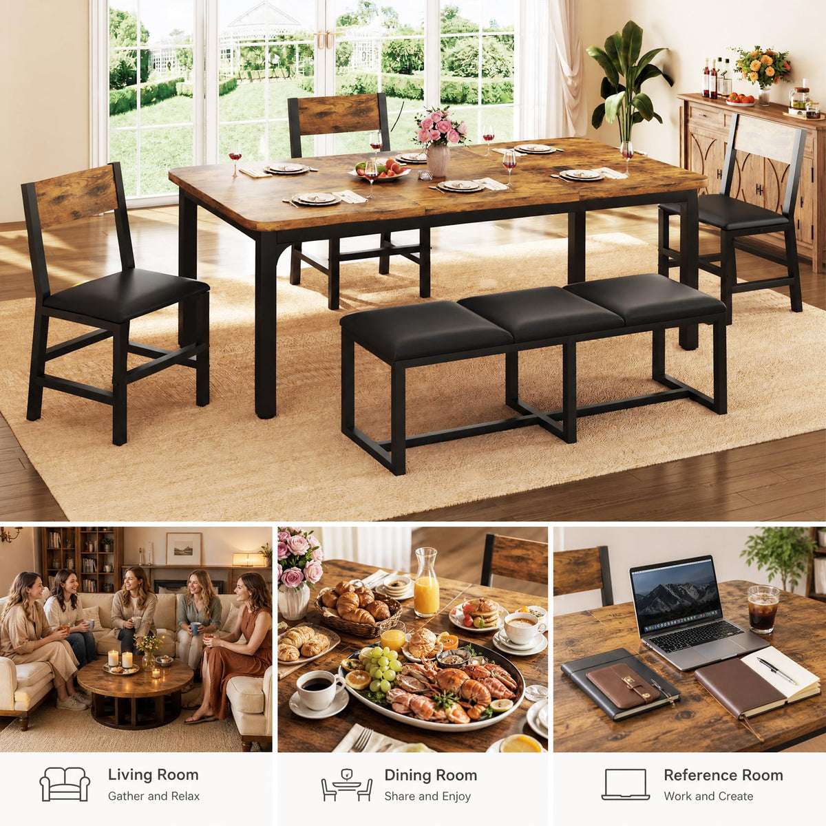 5-Piece Dining Table Set for 6, 63'' Long Kitchen Table Cushion Chairs Set with PU Bench and 3 Chairs, Rectangle Dining Table with Metal Frame & MDF Board, Space-saving for Small Apartment, Rustic