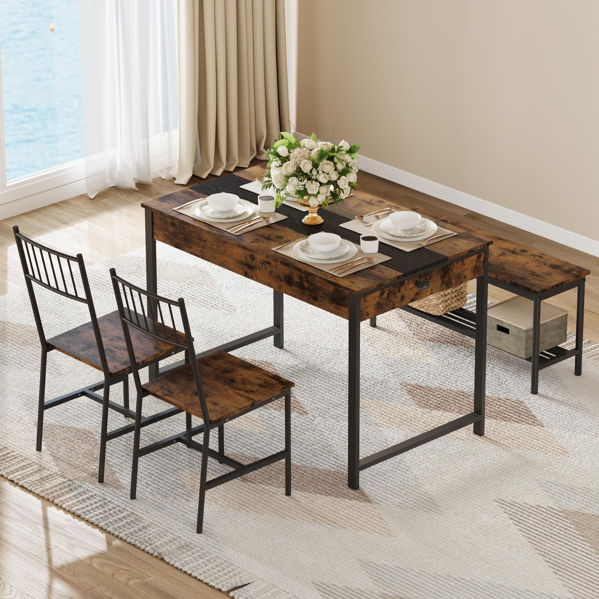 Space-Saving Dining Table Set for 4 with Bench